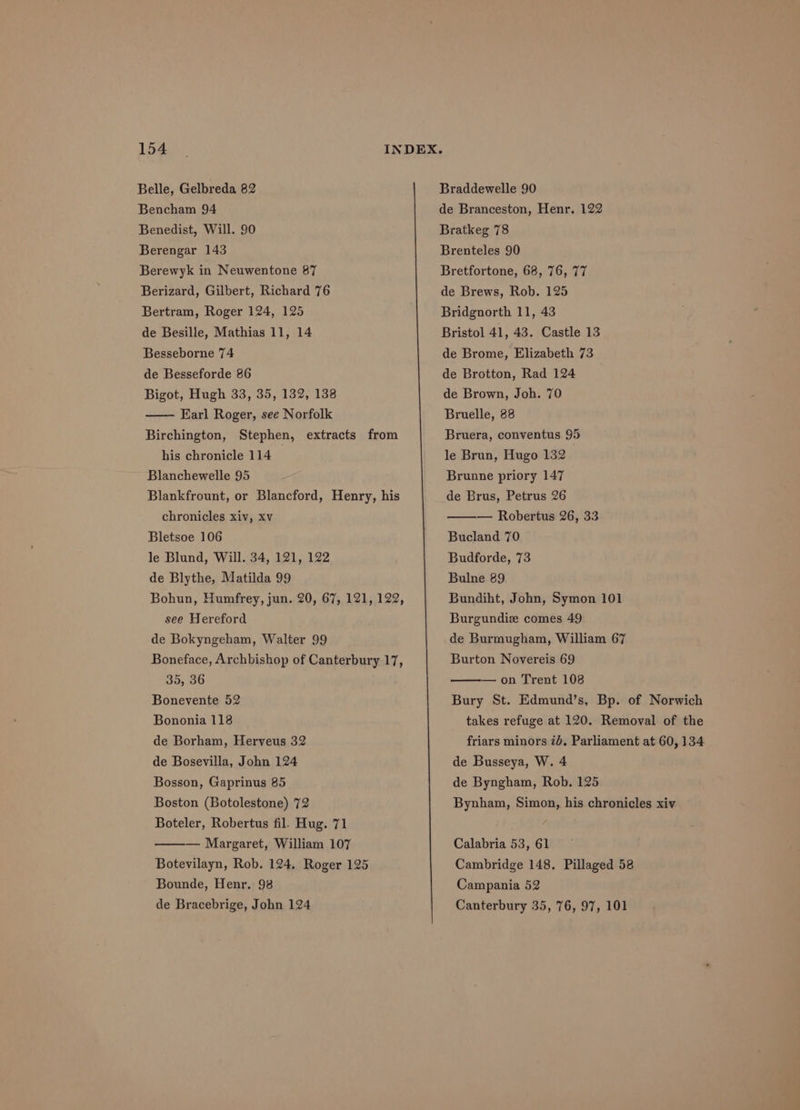 Belle, Gelbreda 82 Bencham 94 Benedist, Will. 90 Berengar 143 Berewyk in Neuwentone 87 Berizard, Gilbert, Richard 76 Bertram, Roger 124, 125 de Besille, Mathias 11, 14 Besseborne 74 de Besseforde 86 Bigot, Hugh 33, 35, 132, 138 Karl Roger, see Norfolk Birchington, Stephen, extracts from his chronicle 114 _ Blanchewelle 95 Blankfrount, or Blancford, Henry, his chronicles xiv, xv Bletsoe 106 le Blund, Will. 34, 121, 122 de Blythe, Matilda 99 Bohun, Humfrey, jun. 20, 67, 121, 122, see Hereford de Bokyngeham, Walter 99 Boneface, Archbishop of Canterbury 17, 35, 36 Bonevente 52 Bononia 118 de Borham, Herveus 32 de Boseyvilla, John 124 Bosson, Gaprinus 85 Boston (Botolestone) 72 Boteler, Robertus fil. Hug. 71 — Margaret, William 107 Botevilayn, Rob. 124. Roger 125 Bounde, Henr. 98 Braddewelle 90 de Branceston, Henr. 122 Bratkeg 78 Brenteles 90 Bretfortone, 68, 76, 77 de Brews, Rob. 125 Bridgnorth 11, 43 Bristol 41, 43. Castle 13 de Brome, Elizabeth 73 de Brotton, Rad 124 de Brown, Joh. 70 Bruelle, 88 Bruera, conventus 95 le Brun, Hugo 132 Brunne priory 147 de Brus, Petrus 26 — Robertus 26, 33 Bucland 70 Budforde, 73 Bulne 89 Bundiht, John, Symon 101 Burgundiz comes 49 de Burmugham, William 67 Burton Novereis 69 — on Trent 108 Bury St. Edmund’s, Bp. of Norwich takes refuge at 120. Removal of the friars minors 7d. Parliament at 60, 134 de Busseya, W. 4 de Byngham, Rob. 125 Bynham, Simon, his chronicles xiv Calabria 53, 61 Cambridge 148. Pillaged 58 Campania 52