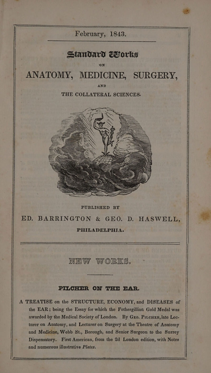 February, 1843. Standard Works ANATOMY, MEDICINE, SURGERY, THE COLLATERAL SCIENCES. NEW WORKS. PILCHER ON THE EAR. A TREATISE on the STRUCTURE, ECONOMY, and DISEASES of the EAR; being the Essay fur which the Fothergillian Gold Medal was awarded by the Medical Society of London. By Gro. Piccxer, late Lec- turer on Anatomy, and Lecturer on Surgery at the Theatre of Anatomy and Medicine, Webb St., Borough, and Senior Surgeon to the Surrey Dispensatory. First American, from the 2d London edition, with Notes and numerous illustrative Plates. he te gS it cet ee ett Ree