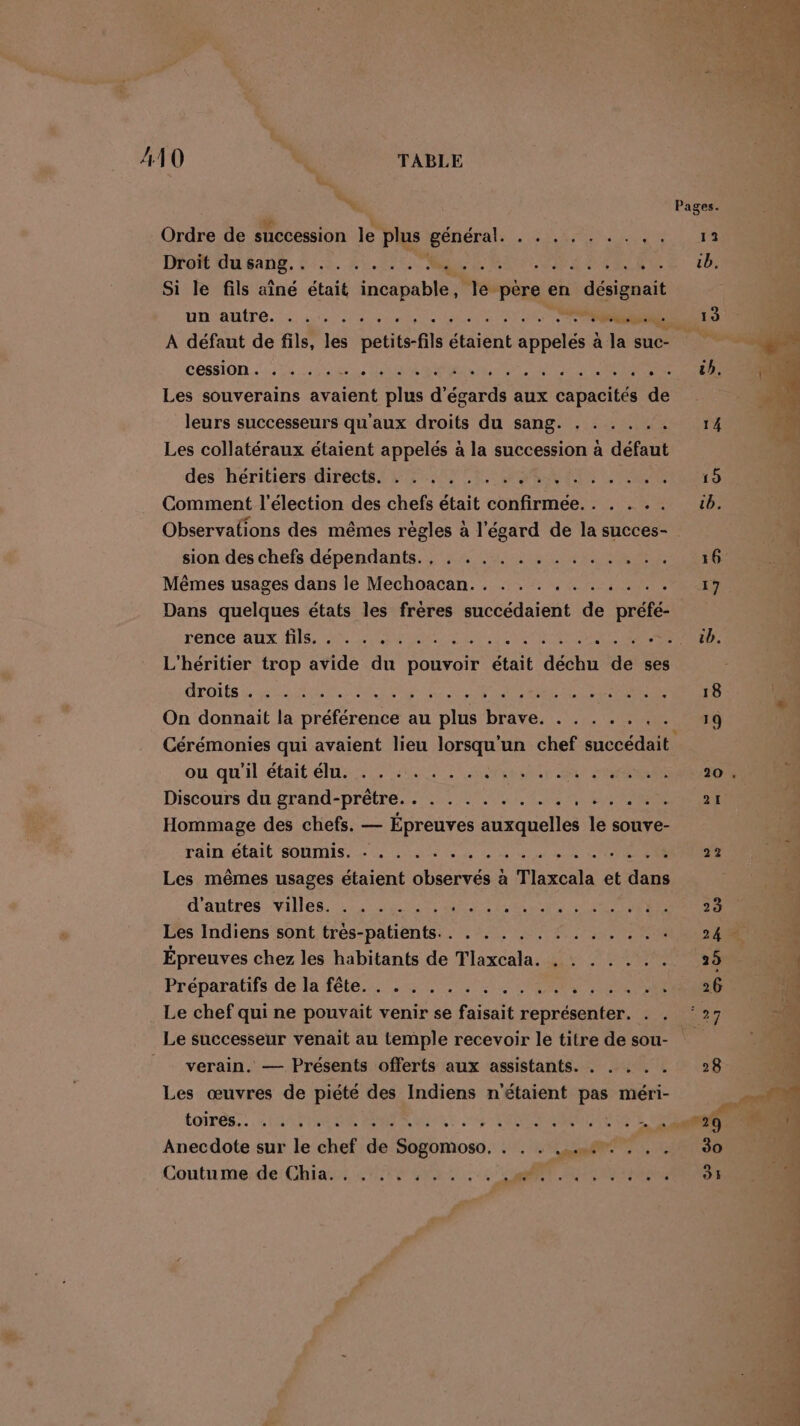 Ordre de succession le plus ere ENT ARR INRES ER EE Dh. LCR Si le fils aîné était able Île père e en séenelt nautre. a re te , aisée A défaut de fils, les s petit-h Stiént sels à la suc- cession. . . . ia re “SC Les souverains AE nu d Send aux capaotil de leurs successeurs qu'aux droits du sang. . . . . .. Les collatéraux étaient appelés à la succession à défaut des héritiérs diréctés SCI PRE ns Comment l'élection des chefs était confirmée... . . .. Observations des mêmes règles à l'égard de la succes- sion des chefs dépendants., . . . . . . . . . . . .. Mêmes usages dans le Mechoacan.. . . .. à ; Dans quelques états les frères mére do pré. rence ALX HS: A SRI NE TO ; . rois tu Le A CIS ARE On donnait la non au tre De re PER Cérémonies qui avaient lieu lorsqu'un chef PEAR ou qu'il était és 0 LR Un Discours du grand- prêtre. . D ee bte Roue PEN EEE Hommage des chefs. — Épreuves auxquelles le souve- rain AE SONMIS Le ee us 2 mue er 0 Les mêmes usages étaient Aires à Tlaxcala et dans d'autres Villes. :2. pcs Me RENTE Les Indiens sont Ho otènE. L Rae PE St NAT Épreuves chez les habitants de Tlaxcala. . Préparatifs de la fête. . . . . . . . . SRE Le chef qui ne pouvait venir se oui pie, 22 23 15 26 È 2 7 verain. — Présents offerts aux assistants. . . . . . Les œuvres de piété des Indiens n'étaient pas méri- tonTés.. PR C7 ANSE ALP E RE ARE + Anecdote sur le diet ae Anios, Fe RES, D Coutume:de: Chiasst 440402 4 oi Nan 28 30 dE
