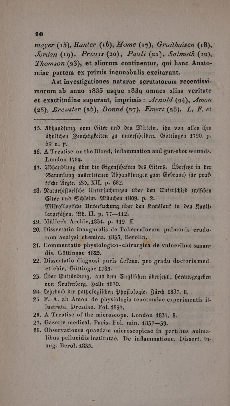 mayer (15), Hunter (16), Home (17), Gruithuisen (18), Jordan (19), Preuss (20), Pauli (a1), Saimuth (22), Thomson (23), et aliorum continentur, qui hanc Anato- iniae partem ex primis incunabulis excitarunt. Ast investigationes naturae scrutatorum recentissi- morum ab anno 1835 usque 1839 omnes alias veritate et exactitudine superant, imprimis: z4rzoid (24), zfmon (25), Brewster (36), Donne (27), Emert (28), L. F. et 15. 2169anb[ung vom Gifer unb ben 9Xitteln, ibn von alfen ibm ágnliden Weudtigbeiten gu. unfer[deiben, Qóttingen 1790. p. 59 ut. ff. 16. A Treatise on the Blood, cidcm aid and gun-shot wounds. London 1794. 3bbanblung tiber bie Gigen(ibaften be8 Giters. liberfe&amp;t in. Der &amp;ammfung aué&amp;erfetener 2066anbIungen gum Gebraud) für praE tifde 2lrgte. 285, XIL. p. 682. 18. 9taturfiftorife linterfudbungen über bem linferídjieb smifdoen Giter unb Cdl[eim. 9Xtünden 1809. p. 2. S9Rifroffovifde lintechudung über ben frei$sfauf in ben fapil- [argefágen. $55. IL. p. 77—112. 149. Müller's Archiv, 1834. p. 419. ff. 20. Dissertatio inauguralis de Tuberculorum pulmonis crudo- rum analysi chemica. 1835. Berolin, 21. Commentatio physiologico-chirurgica de vulneribus sanan- dis, Góttingae 1925. 22. Dissertatio diagnosi puris «b eon pro gradu doctoris med. et chir, Góttingae 1795. 23. Über Gnfjnbung, au$ bem Gnoli(den über(e&amp;t, Derausgegeben von Srufenberg. Salle 1820. 94. Qefrbudo Der patbologifden SDópfiofogie. Surd) 1837. 8 25. F.. A. ab Amon de physiologia tenotomiae experimentis il- lustrata. Dresdae. Fol. 1857. 26. A Treatise of the microscope. London 1837. 8. 27. Gazette medical, Paris. Fol, min, 1857—39. 28. Observationes quaedam microscopicae in partibus anima- libus pellucidis institutae. De inflammatione, Dissert. in- aug. Berol, 1035. 17