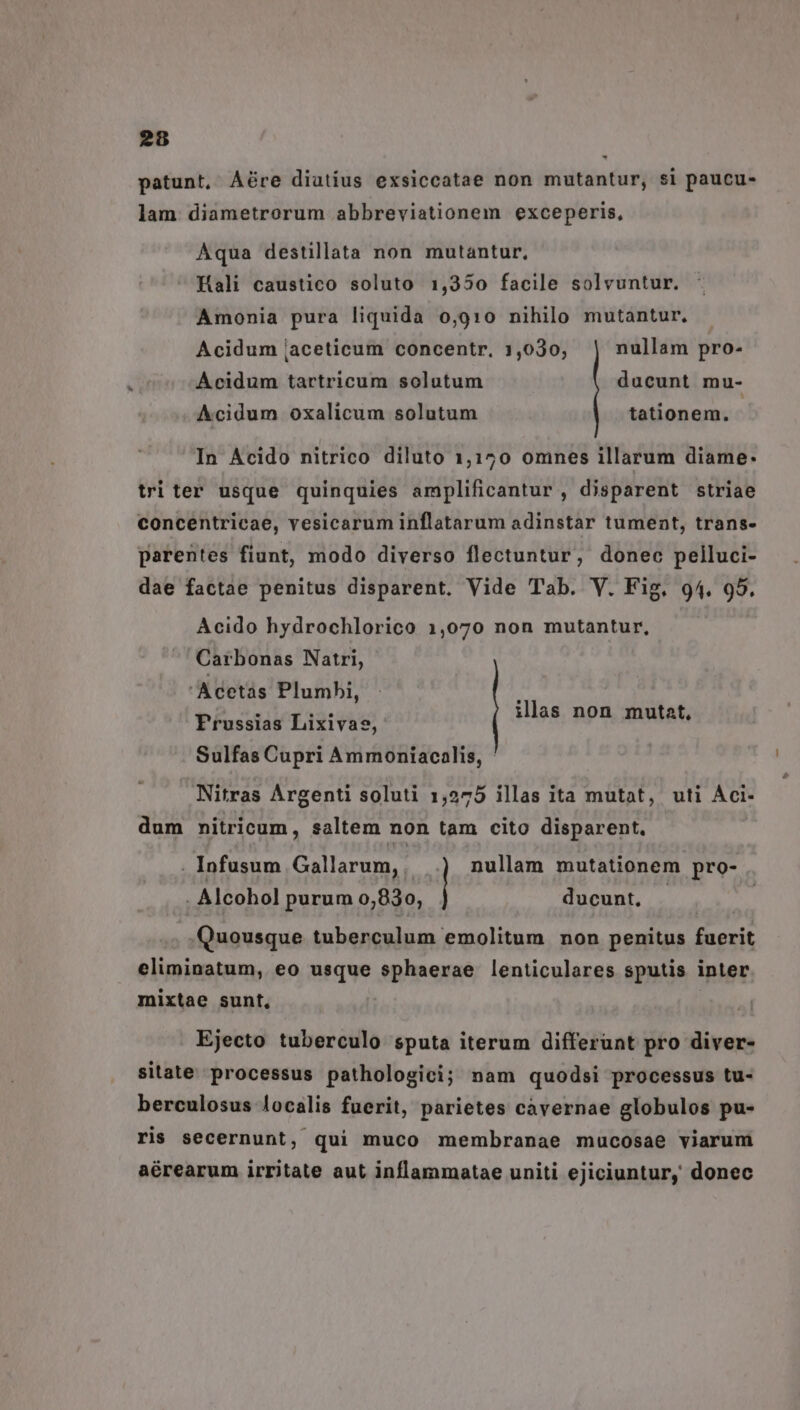 patunt, Aére diutius exsiccatae non mutantur, si paucu- lam. diametrorum abbreviationem exceperis, Aqua destillata non mutantur, Kali caustico soluto 1,350 facile solvuntur. Amonia pura liquida 0,910 nihilo mutantur. Acidum iaceticum concentr, 1,030, nullam pro- Acidum tartricum solutum ducunt mu- Acidum oxalicum solutum tationem. In Acido nitrico diluto 1,170 omnes illarum diame. tri ter usque quinquies amplificantur , disparent striae concentricae, vesicarum inflatarum adinstar tument, trans- parentes fiunt, modo diverso flectuntur, donec pelluci- dae factae penitus disparent. Vide Tab. V. Fig. 94. 95. Acido hydrochlorico 1,070 non mutantur, Carbonas Natri, Acetàs Plumbi, * Prussias Lixivae, illas non mutat, Sulfas Cupri Ammoniacalis, ' Nitras Árgenti soluti 1,275 illas ita mutat, uti Aci- dum nitricum, saltem non tam cito disparent. . Infusum Gallarum,, .] nullam mutationem pro- . Alcohol purum 0,830, ducunt, |. Quousque tuberculum emolitum non penitus fuerit eliminatum, eo usque sphaerae lenticulares sputis inter mixtae sunt, Ejecto tuberculo sputa iterum differunt pro diver- sitate processus pathologici; nam quodsi processus tu- berculosus localis fuerit, parietes càvernae globulos pu- ris secernunt, qui muco membranae mucosae viarum aérearum irritate aut inflammatae uniti ejiciuntury donec