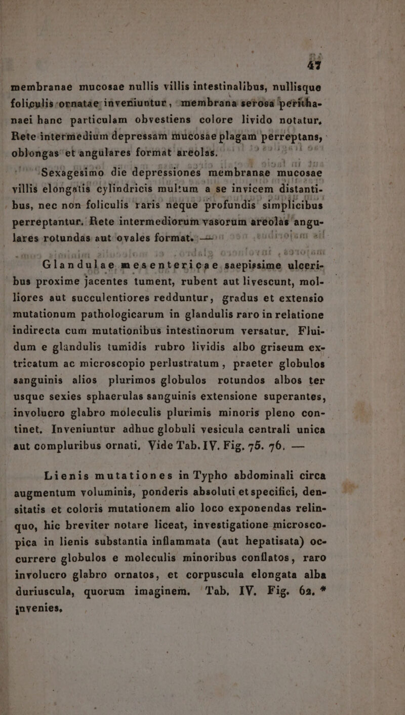 | 413 membranae mucosae nullis villis intestinalibus, nullisque foligulis-ornatae: inveniuntur, membrana setosá perítha- naei hanc particulam obvestiens colore livido notatur, Rete intermedium depressam riucosae plagam. sh fa p — et angülares format areolas. ia | -Sexagesimo. die depressiones. membranae 'mucosae villis elongatis cylindricis multum a se invicem distanti- . bus, nec non foliculis raris neque profundis simplicibus perreptantur, Rete intermediorum vasorum areolas Mi s . lares rotundas aut ovales format. — opem » Glandujse. mesentericae erAHES ulénah bus proxime jacentes tument, rubent aut livescunt, mol- liores aut succulentiores redduntur, gradus et extensio mutationum pathologicarum in glandulis raro in relatione indirecta cum mutationibus intestinorum versatur, Flui- dum e glandulis tumidis rubro lividis albo griseum ex- tricatum ac microscopio perlustratum , praeter globulos sanguinis alios plurimos globulos rotundos albos ter usque sexies sphaerulas sanguinis extensione superantes, . involucro glabro moleculis plurimis minoris pleno con- tinet, Inveniuntur adhuc globuli vesicula centrali unica aut compluribus ornati, Vide Tab. IV. Fig. 75. 76, — Lienis mutationes in Typho abdominali circa augmentum voluminis, ponderis absoluti et specifici, den- sitatis et coloris mutationem alio loco exponendas relin- quo, hic breviter notare liceat, investigatione microsco- pica in lienis substantia inflammata (aut hepatisata) oc- currere globulos e moleculis minoribus conílatos, raro involucro glabro ornatos, et corpuscula elongata alba duriuscula, quorum imaginem. Tab, IV. Fig. 62, * invenies,