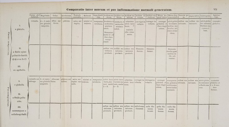 SUR OR snony unjruoduoosnq | » - I. e globulis, Ii. e fluido spisso pellucido ductili, edjleim ftoff. IH. ex epithelio. e TEM e fluido di cido, nonnunquam e cellulis epithelii, Comparatio inter mucum e£ pus inflammatione normali generatum. VII —————ÓÓÁÁMÉÁMM « Li 1 - - L L . . . P  s  ] l Forma glo- Magnitudo. Involucrum,| Vesicula | Moleculi, |Aqua destil-| Acidum ace-|Acidum oxa-|A cidum tar-|Acidum | ni-[Acidum mu-| Nitras Ar- | Nitras Arg. |Amonia P'- Aqua valuis: Lixiva pura. Spiritus bulorum. centralis, ! lata, ticum, licum. tricum. tricum, riaticum. |genti diluti.|concentrati, ra. vini, corrugat [solvit primo|nullam Sesion d mu- [solvit globu-| contrahit involucra |tationem, |tationem, |los remanet| globulos. rotunda, |6 — 8 majo-| albus aut | glabrum. unica aut | minimi et rumpuntur [involucra ét| involucra ct| celerrime |cor rugat in-|Corrugat tus res globulis flavus, duplex, majores. | involucra, | moleculos | moleculos |$Oolvit invo-| volucra. volucra. |globulos et sanguinis, minimos minimos |lucra. il flavo tingit|tardius mo- fluidum mu- solvit. solvit ! colore, |leculos mi- cosum al- : vesicula ; T nimos et nu- bum. alba rema- vidcueriss s ! cleos. nuclei 1 —6 nente, » flavi clare : conspi-  ciendi- / - nullam mu-nullàn mu-nullam mu-| filamenta | filamenta filamenta : tationem tationem | tationem format. format, format,quae producit. | producit, | producit. tardius in illo sol- vuntur. celerrime corrugat in-|corrugatin-| corrugat transparen-|nullam mu-|nullam mu- solvit globu-| contrahit solvit. invo- volucra, volucra. globulos et|ites globulos|tationem, |tationem. — |losremanen-'globulos et tefluido mu.!1 — 5 nuc- C080, leos format. rotunda aut 3— 4 majo-| albusaut glabrum aut| unica aut | minimi et rumpuntur solvit invo-|solvit invo- lucra, ma- |lucrum ma- oblonga. , |res globulis flavus. nullum, duplex rara majores, involucra, sanguinis, nulla, nent nuclei|nent, nuclei|lucra, flayo tingit reddit,yrema- 2 n 5. 2 rs 5. | colore, nente nucleo contracto. nullam mu-[nullam mu-|nullam mu-[nullaformat| nulla fila- | nulla fila- | nulla fila- | tationem | tationem | tationem | filamenta menta  menta menta | producit. | producit, | producit. format. format, format, | — ———— ————A—————————Á— Z/ÁaÀDDXX.SEBLOELDMLLiHLDELELLLEXUILCÁA!LTULÁAÁG-LLIUL.).)NLLERLuh—  i! Á À—Ü ÀÀ'Á $1 4. P T RE NR — I PLU ERN RNESNE s VE EIER E M UT RUN TUR WOES RTT TUR rm carrier mcmbra T i rp mc vam rn T e mere n | |