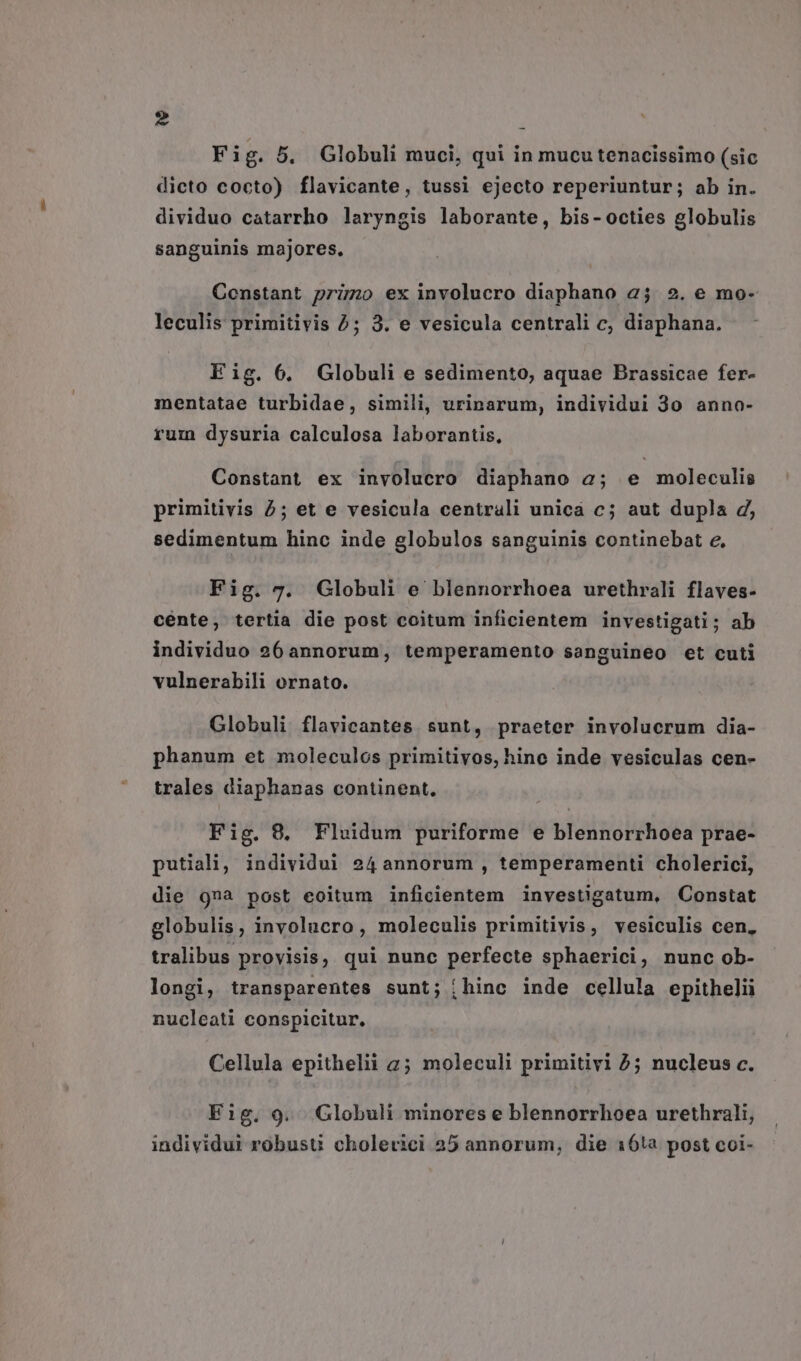 Fig. 5. Globuli muci, qui in mucu tenacissimo (sic dicto cocto) flavicante, tussi ejecto reperiuntur; ab in. dividuo catarrho laryngis laborante, bis- octies globulis sanguinis majores, Constant prizo ex involucro diaphano 2; 9. e mo- leculis primitivis 5; 3. e vesicula centrali c, diaphana. Fig. 6. Globuli e sedimento, aquae Brassicae fer- mentatae turbidae, simili, urinarum, individui 3o anno- rum dysuria calculosa laborantis, Constant ex involucro diaphano 2o; e moleculis primitivis 2; et e vesicula centrali unica c; aut dupla d, sedimentum hinc inde globulos sanguinis continebat e, Fig. 7. Globuli e blennorrhoea urethrali flaves- cénte, tertia die post coitum inficientem investigati; ab individuo 26 annorum, temperamento sanguineo et cuti vulnerabili ornato. Globuli flavicantes sunt, praeter involucrum dia- phanum et moleculos primitivos, hine inde vesiculas cen- trales diaphanas continent. Fig. 8. Fleidum puriforme e blennorrhoea prae- putiali, individui 24 annorum , temperamenti cholerici, die 9na post eoitum inficientem investigatum, Constat globulis, involucro, moleculis primitivis, vesiculis cen, tralibus provisis, qui nunc perfecte sphaerici, nunc ob- longi, transparentes sunt; [hinc inde cellula epithelii nucleati conspicitur, Cellula epithelii 2; moleculi primitivi 2; nucleus c. E1g.9. Globuli minores e blennorrhoea urethrali, individui robusti cholerici 25 annorum, die 16!a post coi-