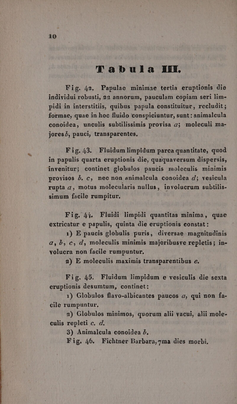 Tabula EEN. Fig. 42. Papulae minimae tertia eruptionis die individui robusti, 22 annorum, pauculam copiam seri lim- pidi in interstitiis, quibus papula constituituc, recludit ; formae, quae in hoc fluido conspiciuntur, sunt: animalcula conoidea, unculis subtilissimis provisa 2; moleculi ma- jores?, pauci, transparentes, Fig.43. Fluidum limpidum parca quantitate, quod in papulis quarta eruptionis die, quaquaversum dispersis, provisos j, c, nec non animalcula conoidea d; vesicula rupta z, motus molecularis nullus, involucrum subtilis- simum facile rumpitur. Fig. 4j. Fluidi limpidi quantitas minima, quae extricatur e papulis, quinta die eruptionis constat: 1) E paucis globulis puris, diversae magnitudinis 2, b, c, d, moleculis minimis majoribusve repletis; in- volucra non facile rumpuntur. 2) E moleculis maximis transparentibus e. Fig. 45. Fluidum limpidum e vesiculis die sexta eruptionis desumtum, continet: 1) Globulos flavo-albicantes paucos a, qui non fa- cile rumpuntur, 2) Globulos minimos, quorum alii vacui, alii mole- culis repleti c. d. 3) Animalcula conoidea 7. Fig, 46. Fichtner Darbara,7ma dies morbi,