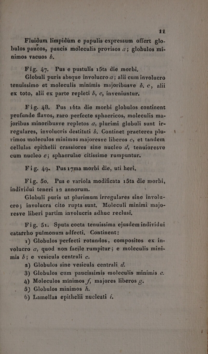 Fluidum limpidüm e papulis expressum offert elo. bulos paucos, paucis moleculis provisos 2; globulos mi- nimos vacuos 2. Fig. 47. Pus e pustulis 15ta die morbi, Globuli puris absque involucro 2; alii cum involucro tenuissimo et moleculis minimis majoribusve 2, c, alii ex toto, alii ex parte repleti 2, c, inveniuntur. Fig. 49. Pus 16ta die morbi globulos continent profunde flavos, raro perfecte sphaericos, moleculis ma- joribus minoribusve repletos 2, plurimi globuli sunt ir- regulares, involucris destituti 2, Continet praeterea plu- rimos moleculos minimos majoresye liberos c, et tandem cellulas epithelii crassiores sine nucleo d, tenuioresve cum nucleo e; sphaerulae citissime rumpuntur, Fig. 49. Pus17ma morbi die, uti heri, Fig. 5o. Pus e variola modificata 15ta die morbi, individui teneri 12 annorum. Globuli puris ut plurimum irregulares sine involu- cro; involucra cito rupta sunt, Moleculi minimi majo- resye liberi partim involucris adhuc reclusi, Fig. 51. Sputa cocta tenuissima ejusdem individui catatrho pulmonum adfecti, Continent: 1) Globulos perfecti rotundos, compositos ex in- volucro c, quod non facile rumpitur; e moleculis mini- mis 5; e vesicula centrali c. 2) Globulos sine vesicula centrali d. 3) Globulos cum paucissimis moleculis minimis e. 4) Moleculos minimos , majores liberos g. 5) Globulos minimos 7. 6) Lamellas epithelii nucleati 7. -— ——alfabs- — -— a