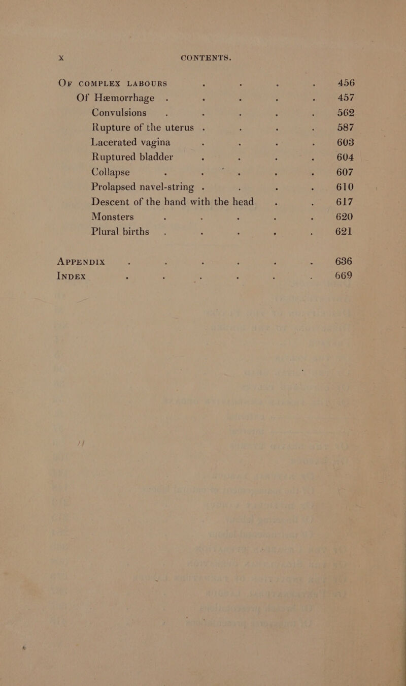 Convulsions : Rupture of the uterus . Lacerated vagina Ruptured bladder Collapse Prolapsed navel-string . Descent of the hand with the head Monsters Plural births INDEX 456 457 562 587 603 604 607 610 617 620 621 636 669