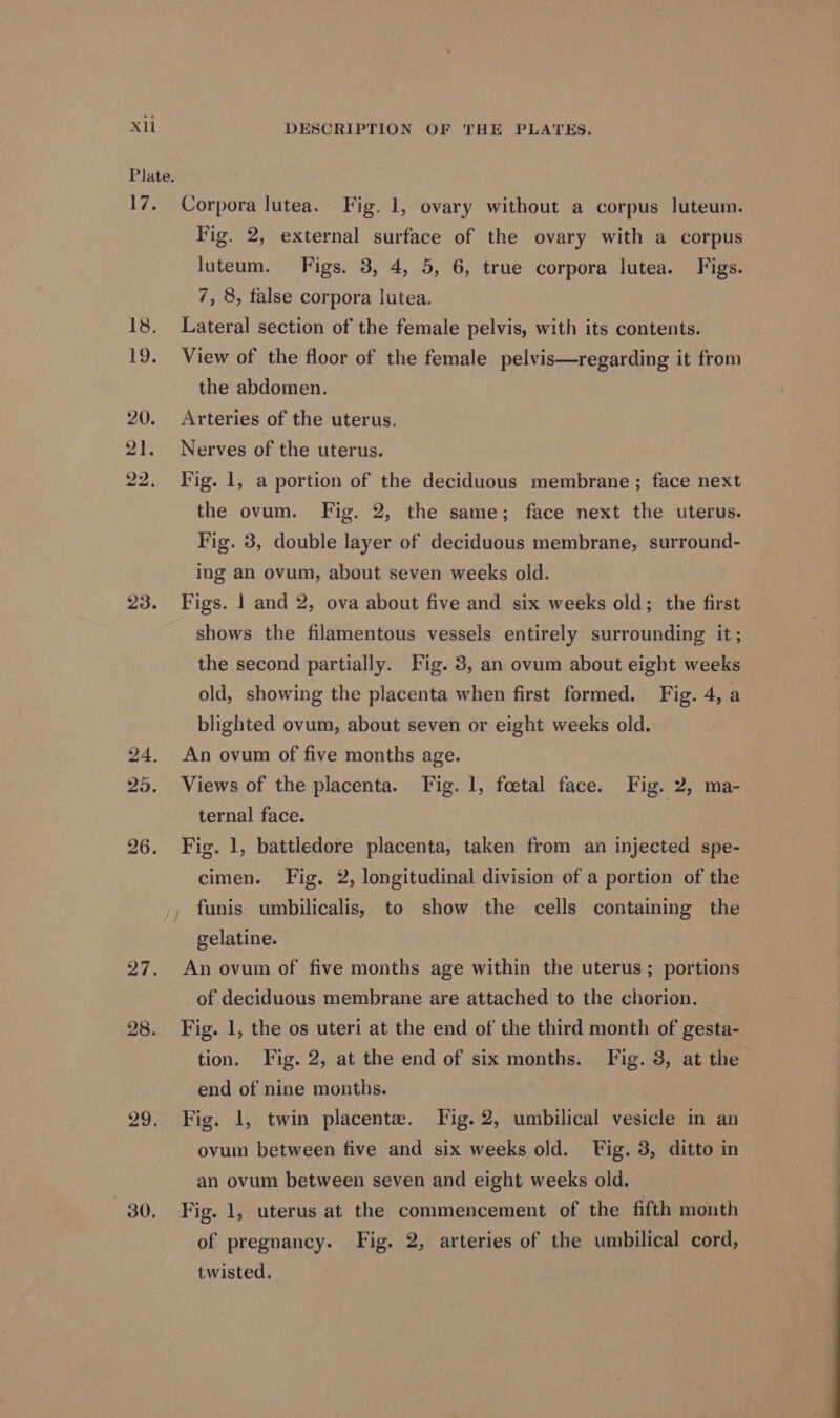 Xl 17. 18. ie 20. 21. 22, bo = DESCRIPTION OF THE PLATES. Corpora lutea. Fig. 1, ovary without a corpus luteum. Fig. 2, external surface of the ovary with a corpus luteum. Figs. 3, 4, 5, 6, true corpora lutea. Figs. 7, 8, false corpora lutea. Lateral section of the female pelvis, with its contents. View of the floor of the female pelvis—regarding it from the abdomen. Arteries of the uterus. Nerves of the uterus. Fig. 1, a portion of the deciduous membrane ; face next the ovum. Fig. 2, the same; face next the uterus. Fig. 3, double layer of deciduous membrane, surround- ing an ovum, about seven weeks old. Figs. | and 2, ova about five and six weeks old; the first shows the filamentous vessels entirely surrounding it; the second partially. Fig. 3, an ovum about eight weeks old, showing the placenta when first formed. Fig. 4, a blighted ovum, about seven or eight weeks old. An ovum of five months age. Views of the placenta. Fig. 1, foetal face. Fig. 2, ma- ternal face. Fig. 1, battledore placenta, taken from an injected spe- cimen. Fig. 2, longitudinal division of a portion of the funis umbilicalis, to show the cells containing the gelatine. An ovum of five months age within the uterus; portions of deciduous membrane are attached to the chorion. Fig. 1, the os uteri at the end of the third month of gesta- tion. Fig. 2, at the end of six months. Fig. 8, at the end of nine months. Fig. 1, twin placenta. Fig. 2, umbilical vesicle in an ovum between five and six weeks old. Fig. 3, ditto in an ovum between seven and eight weeks old. Fig. 1, uterus at the commencement of the fifth month of pregnancy. Fig. 2, arteries of the umbilical cord, twisted.