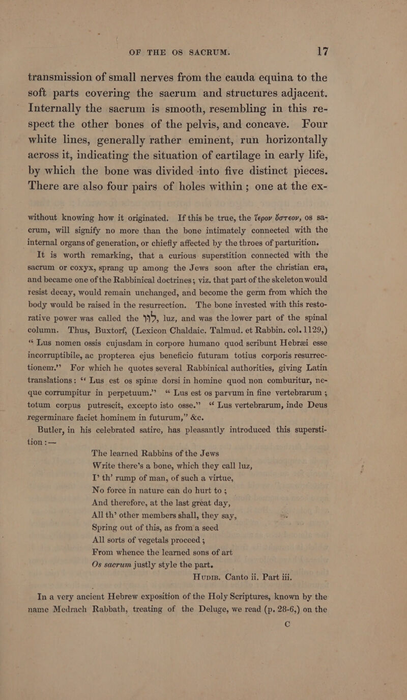 transmission of small nerves from the cauda equina to the soft parts covering the sacrum and structures adjacent. Internally the sacrum is smooth, resembling in this re- spect the other bones of the pelvis, and concave. Four white lines, generally rather eminent, run horizontally across it, indicating the situation of cartilage in early life, by which the bone was divided into five distinct pieces. There are also four pairs of holes within; one at the ex- without knowing how it originated. If this be true, the tepoy doreov, os sa- crum, will signify no more than the bone intimately connected with the internal organs of generation, or chiefly affected by the throes of parturition. It is worth remarking, that a curious: superstition connected with the sacrum or coxyx, sprang up among the Jews soon after the christian era, and became one of the Rabbinical doctrines; viz. that part of the skeleton would resist decay, would remain unchanged, and become the germ from which the body would be raised in the resurrection. The bone invested with this resto- rative power was called the 995, luz, and was the lower part of the spinal column. Thus, Buxtorf, (Lexicon Chaldaic. Talmud. et Rabbin. col. 1129,) “ Lus nomen ossis cujusdam in corpore humano quod scribunt Hebrei esse incorruptibile, ac propterea ejus beneficio futuram totius corporis resurrec- tionenr.’’ For which he quotes several Rabbinical authorities, giving Latin translations: ‘‘ Lus est og spine dorsi in homine quod non comburitur, ne- que corrumpitur in perpetuum.’ “ Lus est os parvum in fine vertebrarum ; totum corpus putrescit, excepto isto osse.” ‘* Lus vertebrarum, inde Deus regerminare faciet hominem in futurum,” &amp;c. Butler, in his celebrated satire, has pleasantly introduced this supersti- tion :—~ The learned Rabbins of the Jews Write there’s a bone, which they call luz, I’ th’ rump of man, of such a virtue, No force in nature can do hurt to; And therefore, at the last great day, All th’ other members shall, they say, Spring out of this, as froma seed All sorts of vegetals proceed ; From whence the learned sons of art Os sacrum justly style the part. Houprs. Canto ii. Part iii. In a very ancient Hebrew exposition of the Holy Scriptures, known by the name Medrach Rabbath, treating of the Deluge, we read (p. 28-6,) on the Cc