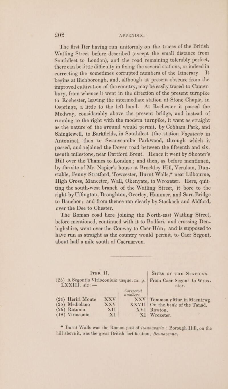 The first Iter having run uniformly on the traces of the British Watling Street before described (except the small distance from Southfleet to London), and the road remaining tolerably perfect, there can be little difficulty in fixing the several stations, or indeed in correcting the sometimes corrupted numbers of the Itinerary. It begins at Richborough, and, although at present obscure from the improved cultivation of the country, may be easily traced to Canter- bury, from whence it went in the direction of the present turnpike to Rochester, leaving the intermediate station at Stone Chaple, in Ospringe, a little to the left hand. At Rochester it passed the Medway, considerably above the present bridge, and instead of running to the right with the modern turnpike, it went as straight as the nature of the ground would permit, by Cobham Park, and Shinglewell, to Barkfields, in Southfleet (the station Vagniacis in Antonine), then to Swanscombe Parkwood, through which it passed, and rejoined the Dover road between the fifteenth and six- teenth milestone, near Dartford Brent. Hence it went by Shooter’s. Hill over the Thames to London ; and then, as before mentioned, by the site of Mr. Napier’s house at Brockley Hill, Verulam, Dun- stable, Fenny Stratford, Towcester, Burnt Walls,* near Lilbourne, High Cross, Manceter, Wall, Okenyate, to Wroxeter. Here, quit- ting the south-west branch of the Watling Street, it bore to the right by Uffington, Broughton, Overley, Hammer, and Sarn Bridge to Banchor; and from thence ran clearly by Stockach and Aldford, over the Dee to Chester. The Roman road here joining the North-east Watling Street, before mentioned, continued with it to Bodfari, and crossing Den- bighshire, went over the Conway to Caer Hàn; and is supposed to have run as straight as the country would permit, to Caer Segont, about half a mile south of Caernarvon. Iver II. SITES OF THE STATIONS. (23) A Segontio Virioconium usque, m. p. | From Caer Segont to Wrox- LXXIII. sic :— eter. Corrected numbers. (24) Heriri Monte XXV XXV | Tommen y Mur,in Maentrwg. (25) Mediolano XXV XXVII | On the bank of the Tanad. (26) Rutunio XII XVI | Rowton. (18) Virioconio XI | XI | Wroxeter. * Burnt Walls was the Roman post of Isannavaria ; Borough Hill, on the hill above it, was the great British fortification, Bennavenna.