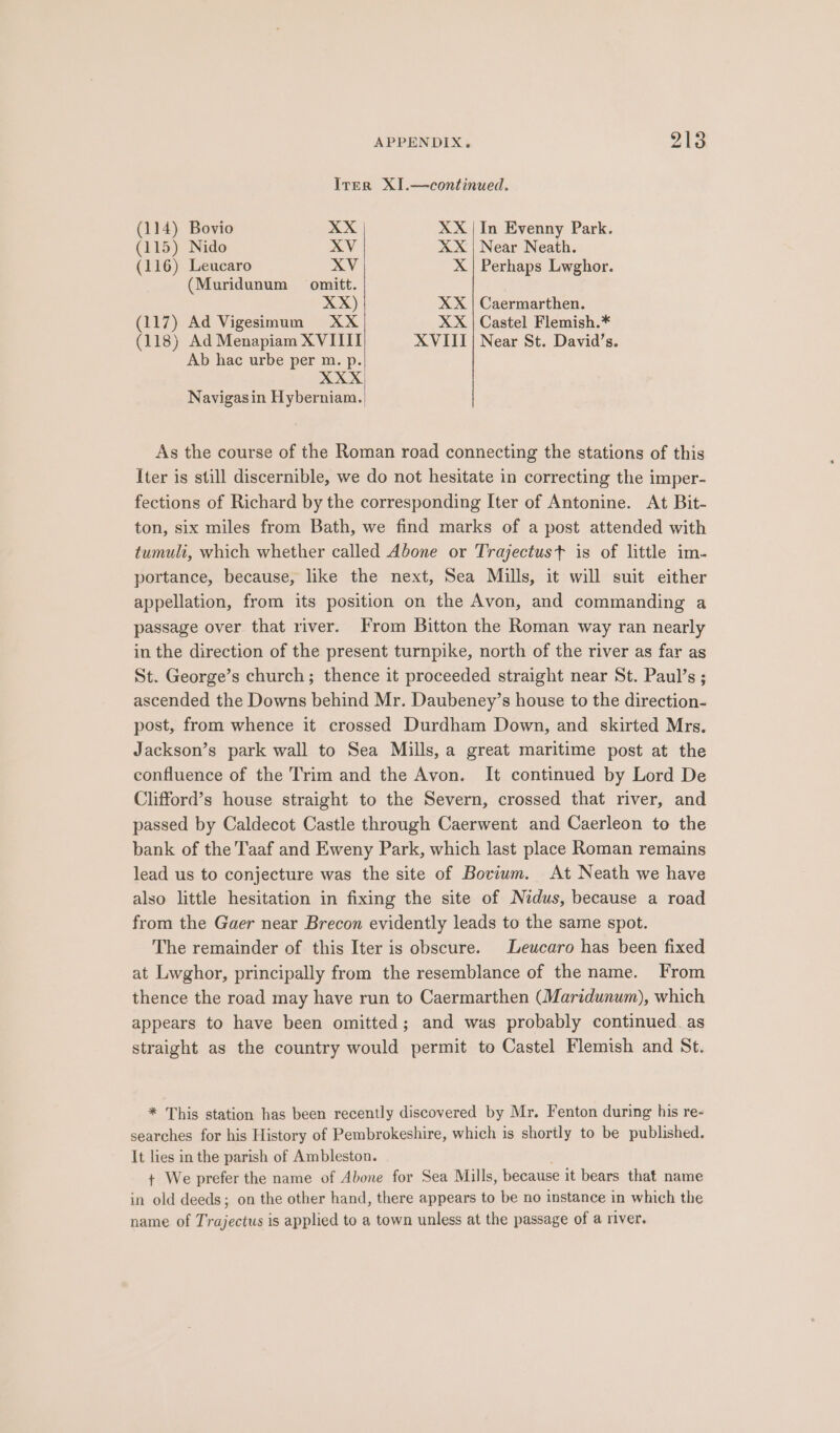 IrER XI.—continued. (114) Bovio XX XX |In Evenny Park. (115) Nido XV XX Near Neath. (116) Leucaro XV X | Perhaps Lwghor. (Muridunum omitt. XX) XX | Caermarthen. (117) Ad Vigesimum XX XX | Castel Flemish.* (118) Ad Menapiam XVIIII XVIII | Near St. David's. Ab hac urbe per m. p. XXX Navigasin Hyberniam.| As the course of the Roman road connecting the stations of this Iter is still discernible, we do not hesitate in correcting the imper- fections of Richard by the corresponding Iter of Antonine. At Bit- ton, six miles from Bath, we find marks of a post attended with tumuli, which whether called Abone or Trajectust is of little im- portance, because, like the next, Sea Mills, it will suit either appellation, from its position on the Avon, and commanding a passage over that river. From Bitton the Roman way ran nearly in the direction of the present turnpike, north of the river as far as St. George's church ; thence it proceeded straight near St. Paul's ; ascended the Downs behind Mr. Daubeney's house to the direction- post, from whence it crossed Durdham Down, and skirted Mrs. Jackson's park wall to Sea Mills, a great maritime post at the confluence of the Trim and the Avon. It continued by Lord De Clifford's house straight to the Severn, crossed that river, and passed by Caldecot Castle through Caerwent and Caerleon to the bank of the Taaf and Eweny Park, which last place Roman remains lead us to conjecture was the site of Borium. At Neath we have also little hesitation in fixing the site of Nidus, because a road from the Gaer near Brecon evidently leads to the same spot. The remainder of this Iter is obscure. — Leucaro has been fixed at Lwghor, principally from the resemblance of the name. From thence the road may have run to Caermarthen (Maridunum), which appears to have been omitted; and was probably continued. as straight as the country would permit to Castel Flemish and St. * This station has been recently discovered by Mr. Fenton during his re- searches for his History of Pembrokeshire, which is shortly to be published. It lies in the parish of Ambleston. ; + We prefer the name of Abone for Sea Mills, because it bears that name in old deeds; on the other hand, there appears to be no instance in which the name of Trajectus is applied to a town unless at the passage of a river.