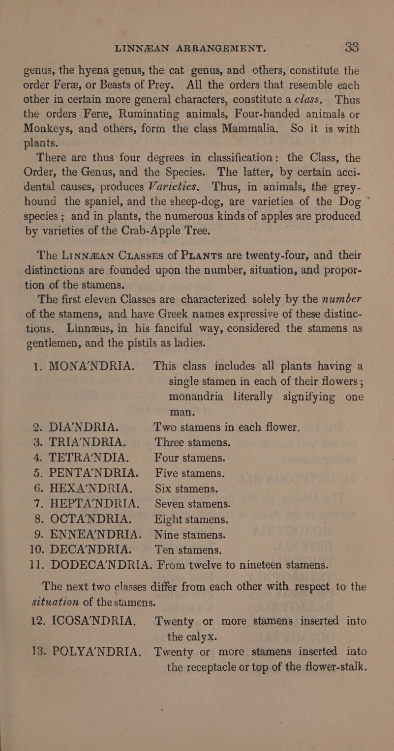 genus, the hyena genus, the cat genus, and others, constitute the order Fer, or Beasts of Prey. All the orders that resemble each other in certain more general characters, constitute a class. Thus the orders Feree, Ruminating animals, Four-handed animals or Monkeys, and others, form the class Mammalia. So it is with plants. There are thus four degrees in classification: the Class, the Order, the Genus, and the Species. The latter, by certain acci- dental causes, produces Varietzes. Thus, in animals, the grey- hound the spaniel, and the sheep-dog, are varieties of the Dog ° species ; and in plants, the numerous kinds of apples are produced by varieties of the Crab-Apple Tree. The LiInN&amp;ZAN CuasseEs of PLANTs are twenty-four, and their distinctions are founded upon the number, situation, and propor- tion of the stamens. The first eleven Classes are characterized solely by the numéer of the stamens, and have Greek names expressive of these distinc- tions. Linneus, in his fanciful way, considered the stamens as gentlemen, and the pistils as ladies. 1. MONA’NDRIA. This class includes all plants having a single stamen in each of their flowers ; monandria literally signifying one man. 2. DIA’NDRIA. Two stamens in each flower. 3. TRIA’NDRIA. Three stamens. 4. TETRA‘NDIA. Four stamens. 5. PENTA’NDRIA. Five stamens. 6. HEX A’NDRIA. Six stamens. 7. HEPTA’NDRIA. — Seven stamens. 8. OCTA'NDRIA. Eight stamens. 9. ENNEA’NDRIA. Nine stamens. 10. DECA’NDRIA. Ten stamens. 11. DODECA’NDRIA. From twelve to nineteen stamens. The next two classes differ from each other with respect to the situation of the stamens. 12. ICOSA’NDRIA. Twenty or more stamens inserted into the calyx. 13. POLYA’NDRIA. Twenty or more stamens inserted into the receptacle or top of the flower-stalk.