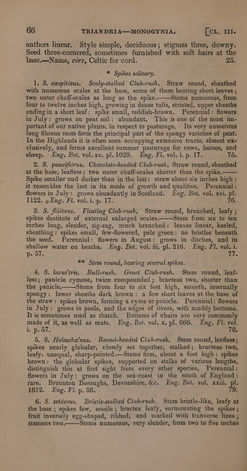 anthers linear. Style simple, deciduous; stigmas three, downy. Seed three-cornered, sometimes furnished with soft hairs at the base,—Name, cirs, Celtic for cord. 25. * Spikes solitary. 1. S. cespitésus. Scaly-stalked Club-rush. Straw round, sheathed with numerous scales at the base, some of them bearing short leaves ; two outer chaff-scales as long as the spike. Stems numerous, from four to twelve inches high, growing in dense tufts, striated, upper sheaths ending in a short leaf: spike small, reddish-brown. Perennial: flowers in July: grows on peat soil: abundant. This is one of the most im- portant of our native plants, in respect to pasturage. Its very numerous long fibrous roots form the principal part of the spongy varieties of peat. In the Highlands it is often seen occupying extensive tracts, almost ex- clusively, and forms excellent summer pasturage for cows, horses, and sheep. Eng. Bot. vol. xv. pl. 1029. Eng. Fl. vol. i. p. 17. 75. 2. S. paucifidrus. Chocolate-headed Club-rush, Straw round, sheathed at the base, leafless; two outer chaff-scales shorter than the spike. Spike smaller and darker than in the last: straw about six inches high : it resembles the last in its mode of growth and qualities. Perennial : flowers in July: grows abundantly inScotland. Eng. Bot. vol. xvi. pl. 1122. gEng. Fl. vol. i. p. 17. 76. 3. S. fluitans. Floating Club-rush. Straw round, branched, leafy ; spikes destitute of external enlarged scales. Stem from six to ten inches long, slender, zig-zag, much branched: leaves linear, keeled, sheathing: spikes small, few-flowered, pale green: no bristles beneath the seed. Perennial: flowers in August: grows in ditches, and in shallow water on heaths. Eng. Bot. vol. iii. pl. 216. Eng. Fl. vol. i. p- 57. 77. ** Stem round, bearing several spikes. 4. S. lacus‘tris. Bull-rush. Great Club-rush.. Stem round, leaf- less; panicle cymose, twice compounded ; bracteas two, shorter than the panicle. Stems from four to six feet high, smooth, internally spongy: lower sheaths dark brown: a few short leaves at the base of the straw: spikes brown, forming a cyme or panicle. Perennial: flowers in July: grows in pools, and the edges of rivers, with muddy bottoms. It is sometimes used as thatch. Bottoms of chairs are very commonly made of it, as well as mats. Eng. Bot. vol. x. pl. 666. Eng. Fl. vol. i, p. 57. 78. 5. S. Holosche'nus. Round-headed Club-rush. Stem round, leafless; spikes nearly globular, closely set together, stalked; bracteas two, leafy, unequal, sharp-pointed.—Stems firm, about a foot high: spikes brown: the globular spikes, supported on stalks of various lengths, distinguish this at first sight from every other species. Perennial: flowers in July: grows on the sea-coast in the south of England: rare. Brounton Boroughs, Devonshire, &amp;c. Eng. Bot. vol. xxii. pl. 1612. Eng. Fl. p. 58. 79. 6. S. setéceus. Bristle-stalked Club-rush. Stem bristle-like, leafy at the base ; spikes few, sessile ; bractea leafy, surmounting the spikes ; fruit inversely egg-shaped, ribbed, and marked with tranverse lines ; stamens two. Stems numerous, very slender, from two to five inches