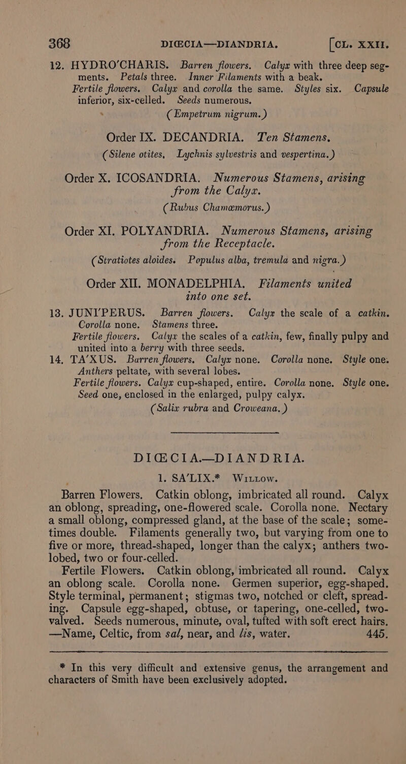 12. HYDRO’CHARIS. Barren flowers. Calyx with three deep seg- ments. Petals three. Inner Filaments with a beak. Fertile flowers. Calyx and corolla the same. Styles six. Capsule inferior, six-celled. Seeds numerous. ( Empetrum nigrum. ) Order IX. DECANDRIA. Ten Stamens, (Silene otites, Lychnis sylvestris and vespertina. ) Order X. ICOSANDRIA. Numerous Stamens, arising From the Calyx. (Rubus Chamemorus.) Order XI. POLYANDRIA. Numerous Stamens, arising from the Receptacle. (Stratiotes aloides. Populus alba, tremula and nigra. ) Order XII. MONADELPHIA. Filaments united into one set. 13. JUNYPERUS. Barren flowers. Calyx the scale of a catkin. Corolla none. Stamens three. Fertile flowers. Calyx the scales of a catkin, few, finally pulpy and united into a berry with three seeds. 14, TA’XUS. Barren flowers, Calyx none. Corolla none. Style one. Anthers peltate, with several lobes. Fertile flowers. Calyx cup-shaped, entire. Corolla none. Style one. Seed one, enclosed in the enlarged, pulpy calyx. (Salix rubra and Croweana. ) DIGCIA—DIANDRIA. 1. SA’LIX.* Wiuttow. Barren Flowers, Catkin oblong, imbricated all round. Calyx an oblong, spreading, one-flowered scale. Corolla none. Nectary a small oblong, compressed gland, at the base of the scale; some- times double. Filaments generally two, but varying from one to five or more, thread-shaped, longer than the calyx; anthers two- lobed, two or four-celled. Fertile Flowers. Catkin oblong, imbricated all round. Calyx an oblong scale. Corolla none. Germen superior, egg-shaped. Style terminal, permanent; stigmas two, notched or cleft, spread- ing. Capsule egg-shaped, cbtuse, or tapering, one-celled, two- valved. Seeds numerous, minute, oval, tufted with soft erect hairs. —Name, Celtic, from sa/, near, and /is, water. 445, * In this very difficult and extensive genus, the arrangement and characters of Smith have been exclusively adopted.