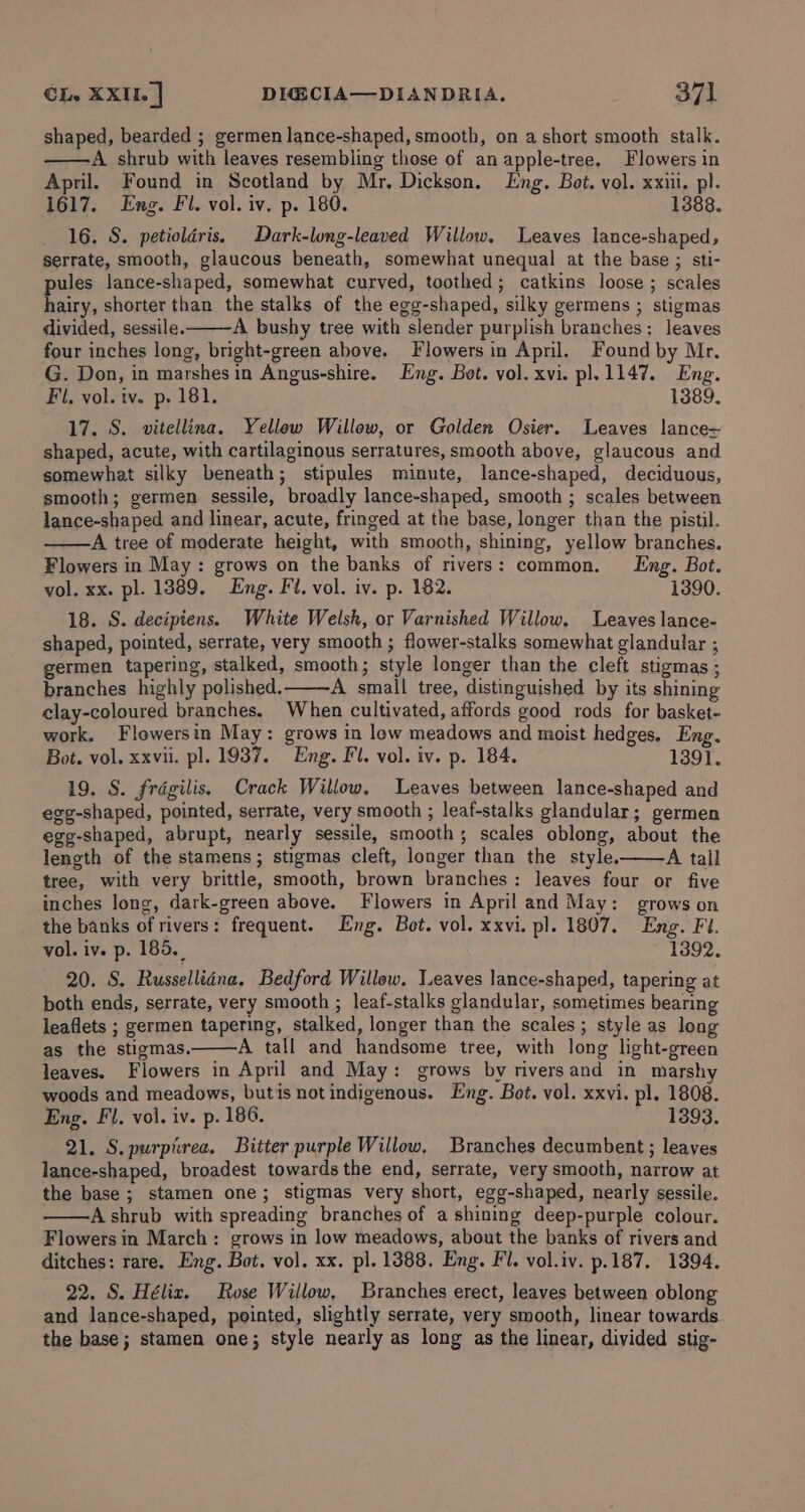 shaped, bearded ; germen lance-shaped, smooth, on a short smooth stalk. A shrub with leaves resembling those of an apple-tree. Flowers in April. Found in Scotland by Mr, Dickson. Eng. Bot. vol. xxii. pl. 1617. Eng. Fl. vol. iv. p. 180. 1388. 16. S. petioldris. Dark-long-leaved Willow. Leaves lance-shaped, serrate, smooth, glaucous beneath, somewhat unequal at the base ; sti- pules lance-shaped, somewhat curved, toothed; catkins loose ; scales hairy, shorter than the stalks of the egg-shaped, silky germens ; stigmas divided, sessile. A bushy tree with slender purplish branches: leaves four inches long, bright-green above. Flowers in April. Found by Mr, G. Don, in marshes in Angus-shire. Eng. Bot. vol. xvi. pl. 1147. Eng. Fl, vol. iv. p. 181. 1389. 17. S. vitellina. Yellow Willow, or Golden Osier. Leaves lance+ shaped, acute, with cartilaginous serratures, smooth above, glaucous and somewhat silky beneath; stipules minute, lance-shaped, deciduous, smooth; germen sessile, broadly lance-shaped, smooth ; scales between lance-shaped and linear, acute, fringed at the base, longer than the pistil. A tree of moderate height, with smooth, shining, yellow branches. Flowers in May : grows on the banks of rivers: common. Lng. Bot. vol. xx. pl. 1389, Eng. Fi. vol. iv. p. 182. 1390. 18. S. decipiens. White Welsh, or Varnished Willow. Leaves lance- shaped, pointed, serrate, very smooth ; flower-stalks somewhat glandular ; germen tapering, stalked, smooth; style longer than the cleft stigmas ; branches highly polished. A small tree, distinguished by its shining clay-coloured branches. When cultivated, affords good rods for basket- work. Flowersin May: grows in low meadows and moist hedges. Eng. Bot. vol. xxvii. pl. 1937. Eng. Fl. vol. iv. p. 184. 1391. 19. S. fragilis. Crack Willow. Leaves between lance-shaped and egg-shaped, pointed, serrate, very smooth ; leaf-stalks glandular; germen egg-shaped, abrupt, nearly sessile, smooth; scales oblong, about the length of the stamens ; stigmas cleft, longer than the style. A tall tree, with very brittle, smooth, brown branches: leaves four or five inches long, dark-green above. Flowers in April and May: grows on the banks of rivers: frequent. Eng. Bot. vol. xxvi. pl. 1807. Eng. Fi. vol. iv. p. 185. 1392. 20. S. Russellidna, Bedford Willow, Leaves lance-shaped, tapering at both ends, serrate, very smooth ; leaf-stalks glandular, sometimes bearing leaflets ; germen tapering, stalked, longer than the scales; style as long as the stigmas. A tall and handsome tree, with long light-green leaves. Flowers in April and May: grows by riversand in marshy woods and meadows, butis notindigenous. Eng. Bot. vol. xxvi. pl. 1808. Eng. Fl, vol. iv. p. 186. 1393. 21. S.purptrea. Bitter purple Willow. Branches decumbent; leaves lance-shaped, broadest towards the end, serrate, very smooth, narrow at the base ; stamen one; stigmas very short, egg-shaped, nearly sessile. Ashrub with spreading branches of a shining deep-purple colour. Flowers in March: grows in low meadows, about the banks of rivers and ditches: rare. Eng. Bot. vol. xx. pl. 1388. Eng. Fl. vol.iv. p.187. 1394. 22. S. Hélix. Rose Willow, Branches erect, leaves between oblong and lance-shaped, pointed, slightly serrate, very smooth, linear towards the base; stamen one; style nearly as long as the linear, divided stig-