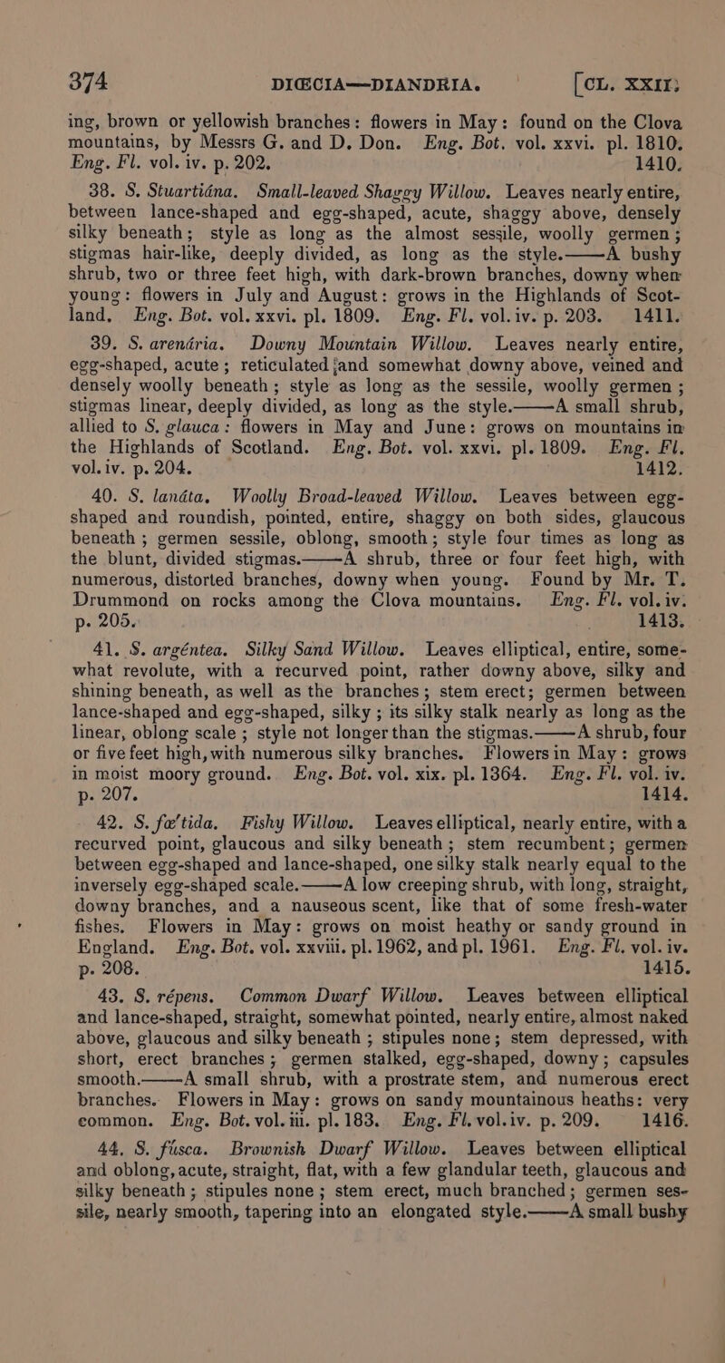 ing, brown or yellowish branches: flowers in May: found on the Clova mountains, by Messrs G. and D. Don. Eng. Bot. vol. xxvi. pl. 1810. Eng. Fl. vol. iv. p. 202. 1410. 38. S. Stuartidna. Small-leaved Shaggy Willow. Leaves nearly entire, between lance-shaped and egg-shaped, acute, shaggy above, densely silky beneath; style as long as the almost sessile, woolly germen; stigmas hair-like, deeply divided, as long as the style. A bushy shrub, two or three feet high, with dark-brown branches, downy wher young: flowers in July and August: grows in the Highlands of Scot- land, Eng. Bot. vol. xxvi. pl. 1809. Eng. Fl. vol.iv. p. 203. 1411. 39. S. arenéria. Downy Mountain Willow. Leaves nearly entire, egg-shaped, acute; reticulated jand somewhat downy above, veined and densely woolly beneath; style as long as the sessile, woolly germen ; stigmas linear, deeply divided, as long as the style. A small shrub, allied to S. glauca: flowers in May and June: grows on mountains im the Highlands of Scotland. Eng. Bot. vol. xxvi. pl. 1809. Eng. Fl. vol.iv. p.204. 1412. 40. S. lanéta. Woolly Broad-leaved Willow. Leaves between egg- shaped and roundish, pointed, entire, shaggy on both sides, glaucous beneath ; germen sessile, oblong, smooth; style four times as long as the blunt, divided stigmas. A shrub, three or four feet high, with numerous, distorted branches, downy when young. Found by Mr. T. Drummond on rocks among the Clova mountains. Lng. Fl. vol. iv. p- 205. 1413. 41. S. argéntea. Silky Sand Willow. Leaves elliptical, entire, some- what revolute, with a recurved point, rather downy above, silky and shining beneath, as well as the branches; stem erect; germen between lance-shaped and egg-shaped, silky ; its silky stalk nearly as long as the linear, oblong scale ; style not longer than the stigmas. A shrub, four or five feet high, with numerous silky branches. Flowersin May: grows im moist moory ground. Eng. Bot. vol. xix. pl. 13864. Eng. Fl. vol. iv. p- 207. 1414. 42. S. fe’tida, Fishy Willow. Leaves elliptical, nearly entire, with a recurved point, glaucous and silky beneath; stem recumbent; germen between egg-shaped and lance-shaped, one silky stalk nearly equal to the inversely egg-shaped scale. A low creeping shrub, with long, straight, downy branches, and a nauseous scent, like that of some fresh-water fishes. Flowers in May: grows on moist heathy or sandy ground in England. Eng. Bot. vol. xxviii. pl. 1962, and pl. 1961. Eng. Fl. vol. iv. p- 208. 1415. 43. 8. répens. Common Dwarf Willow. Leaves between elliptical and lance-shaped, straight, somewhat pointed, nearly entire, almost naked above, glaucous and silky beneath ; stipules none; stem depressed, with short, erect branches; germen stalked, egg-shaped, downy; capsules smooth. A small shrub, with a prostrate stem, and numerous erect branches. Flowers in May: grows on sandy mountainous heaths: very eommon. Eng. Bot. vol. iu. pl. 183. Eng. Fl. vol.iv. p. 209. 1416. 44, 8. fisca. Brownish Dwarf Willow. Leaves between elliptical and oblong, acute, straight, flat, with a few glandular teeth, glaucous and silky beneath ; stipules none ; stem erect, much branched; germen ses- sile, nearly smooth, tapering into an elongated style.-——A small bushy