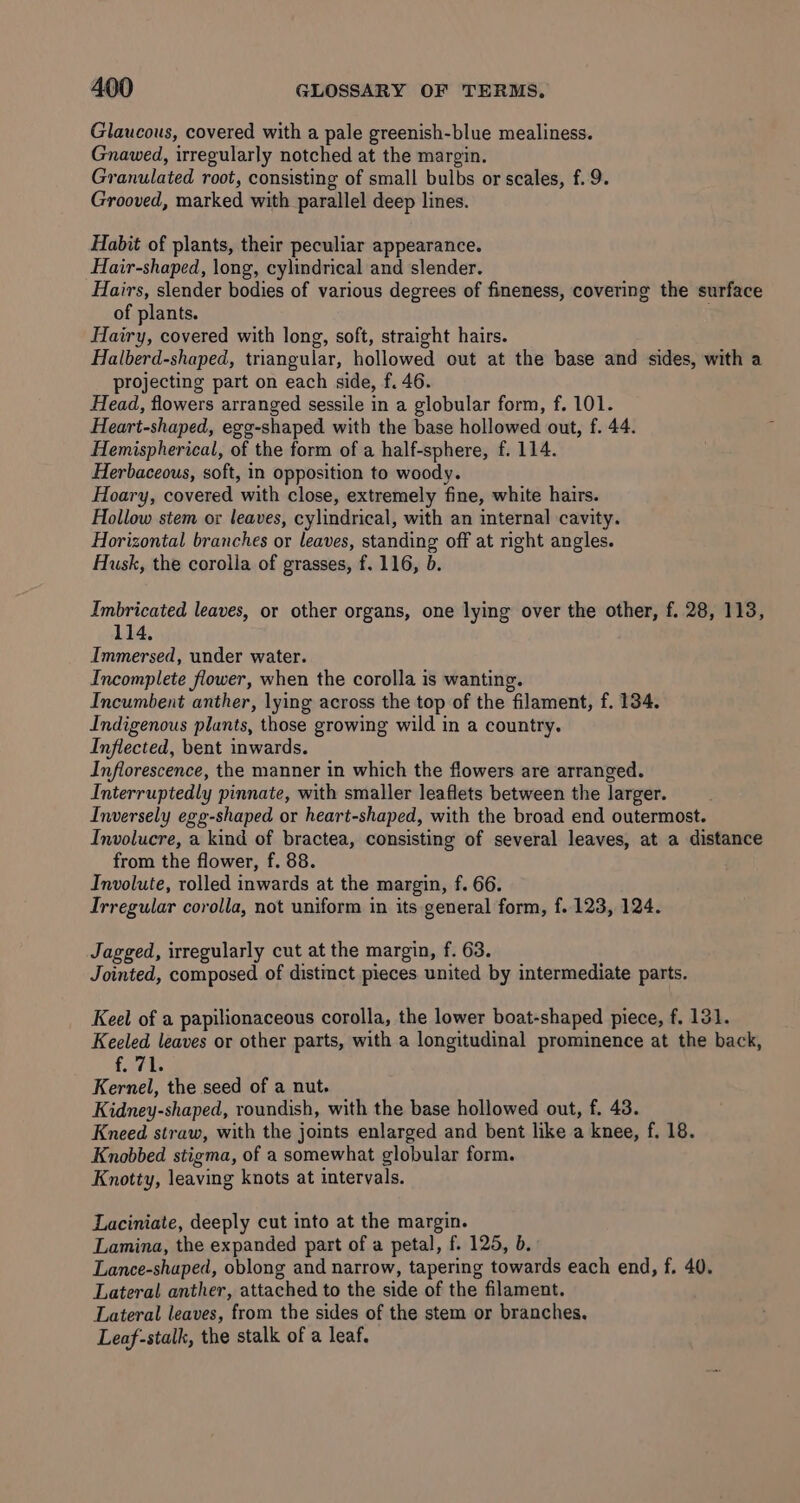 Glaucous, covered with a pale greenish-blue mealiness. Gnawed, irregularly notched at the margin. Granulated root, consisting of small bulbs or scales, f. 9. Grooved, marked with parallel deep lines. Habit of plants, their peculiar appearance. Hair-shaped, long, cylindrical and slender. Hairs, slender bodies of various degrees of fineness, covering the surface of plants. Hairy, covered with long, soft, straight hairs. Halberd-shaped, triangular, hollowed out at the base and sides, with a projecting part on each side, f. 46. Head, flowers arranged sessile in a globular form, f. 101. Heart-shaped, egg-shaped. with the base hollowed out, f. 44. Hemispherical, of the form of a half-sphere, f. 114. Herbaceous, soft, in opposition to woody. Hoary, covered with close, extremely fine, white hairs. Hollow stem or leaves, cylindrical, with an internal cavity. Horizontal branches or leaves, standing off at right angles. Husk, the corolla of grasses, f. 116, 0. Imbricated leaves, or other organs, one lying over the other, f. 28, 113, 114. Immersed, under water. Incomplete flower, when the corolla is wanting. Incumbent anther, lying across the top of the filament, f. 134. Indigenous plants, those growing wild in a country. Inflected, bent inwards. Inflorescence, the manner in which the flowers are arranged. Interruptedly pinnate, with smaller leaflets between the larger. Inversely egg-shaped or heart-shaped, with the broad end outermost. Involucre, a kind of bractea, consisting of several leaves, at a distance from the flower, f. 88. Involute, rolled inwards at the margin, f. 66. Irregular corolla, not uniform in its general form, f. 123, 124. Jagged, irregularly cut at the margin, f. 63. Jointed, composed of distinct pieces united by intermediate parts. Keel of a papilionaceous corolla, the lower boat-shaped piece, f. 131. Keeled leaves or other parts, with a longitudinal prominence at the back, f. 71. Kernel, the seed of a nut. Kidney-shaped, roundish, with the base hollowed out, f. 43. Kneed straw, with the joints enlarged and bent like a knee, f. 18. Knobbed stigma, of a somewhat globular form. Knotty, leaving knots at intervals. Laciniate, deeply cut into at the margin. Lamina, the expanded part of a petal, f. 125, b. Lance-shaped, oblong and narrow, tapering towards each end, f. 40. Lateral anther, attached to the side of the filament. Lateral leaves, from the sides of the stem or branches. Leaf-stalk, the stalk of a leaf.