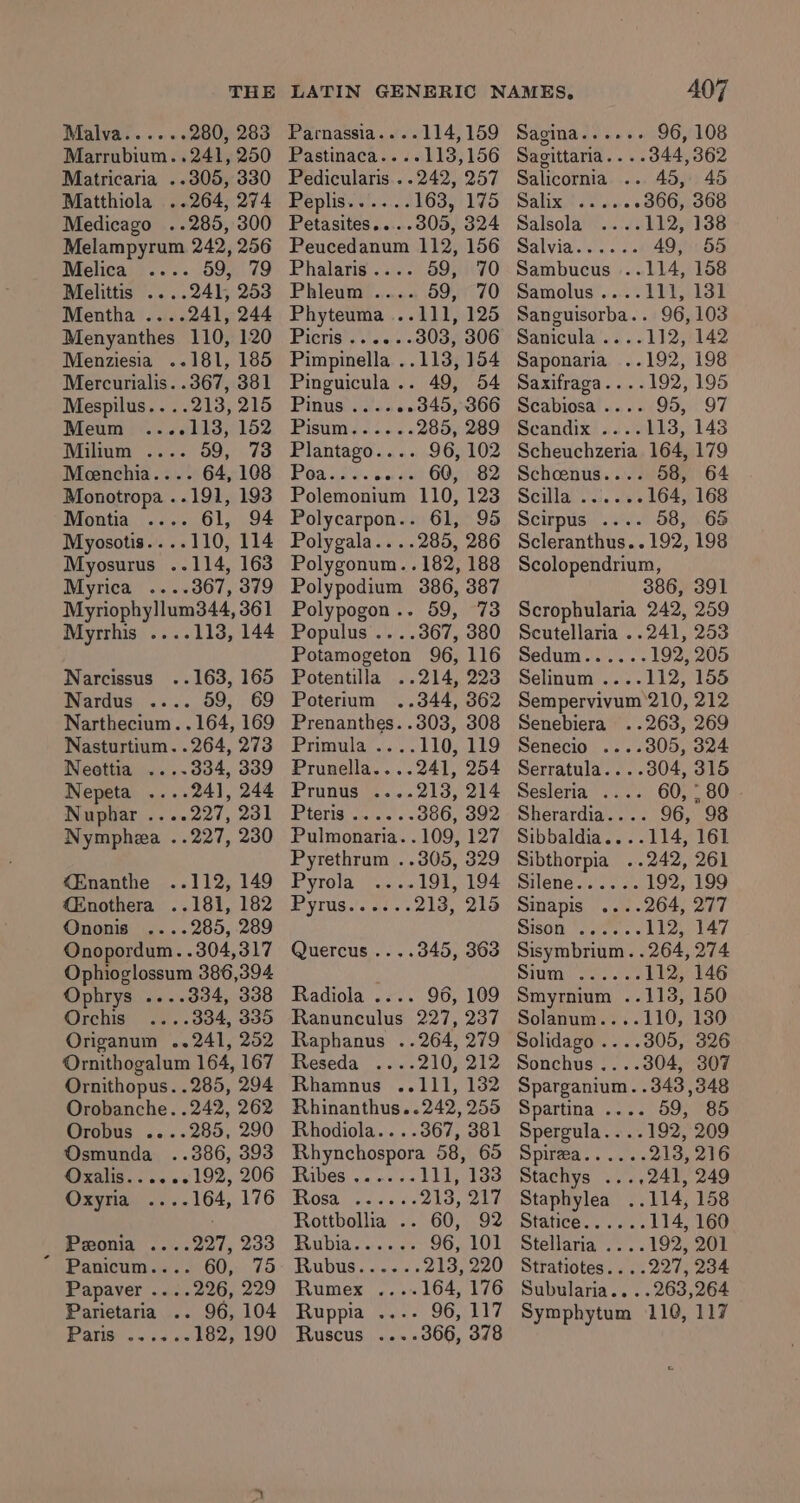THE Malva......280, 283 Marrubium..241, 250 Matricaria ..305, 330 Matthiola ..264, 274 Medicago ..285, 300 Melampyrum 242, 256 Melica ts aad Melittis ....241, 253 Mentha ....241, 244 Menyanthes 110, 120 Menziesia ..181, 185 Mercurialis. .367, 381 Mespilus.. ..213, 215 Meum ....113, 152 Milium .... 59, 73 Meenchia.... 64, 108 Monotropa ..191, 193 Montia .... 61, 94 Myosotis....110, 114 Myosurus ..114, 163 Myrica ....367, 379 Myriophyllum344, 361 Myrrhis ....113, 144 Narcissus ..163, 165 Nardus .... 59, 69 Narthecium..164, 169 Nasturtium. .264, 273 Neottia ....334, 339 Nepeta ....241, 244 Nuphar ....227, 231 Nymphea ..227, 230 &lt;Enanthe ..112, 149 CEnothera ..181, 182 Ononis ....285, 289 Onopordum. .304,317 Ophioglossum 386,394 Ophrys ....334, 338 Orchis ....334, 335 Origanum ..241, 252 Ornithogalum 164, 167 Ornithopus. .285, 294 Orobanche. .242, 262 Orobus ....285, 290 Osmunda_ ..386, 393 Oxalis......192, 206 Oxyria ....164, 176 Peonia ....227, 233 Panicum.... 60, 75 Papaver ....226, 229 Parietaria .. 96, 104 EW oo 54 20k des b90 Parnassia....114, 159 Pastinaca....113,156 Pedicularis ..242, 257 Peplis......163, 175 Petasites....305, 324 Peucedanum 112, 156 Phalaris.... 59, 70 Phleum .... 59, 70 Phyteuma ...111, 125 Picris ..'««,..303, 306 Pimpinella ..113, 154 Pinguicula.. 49, 54 Pinus ....«.340, 366 Pistoyis 2. 285, 289 Plantago.... 96, 102 Poa. 3.2.5 ofa) GON182 Polemonium 110, 123 Polycarpon.. 61, 95 Polygala....285, 286 Polygonum. .182, 188 Polypodium 386, 387 Polypogon.. 59, 73 Populus .. ..367, 380 Potamogeton 96, 116 Potentilla ..214, 223 Poterium ..344, 362 Prenanthes..303, 308 Primula ....110, 119 Prunella....241, 254 Primus .....2135; 224 Pteris &lt;..\..'.. 386, 392 Pulmonaria..109, 127 Pyrethrum ..305, 329 Pyrola ....191, 194 Laat Bae Hee 213, 215 Quercus ....345, 363 Radiola .... 96, 109 Ranunculus 227, 237 Raphanus ..264, 279 Reseda ....210, 212 Rhamnus ..111, 182 Rhinanthus..242, 255 Rhodiola.. ..367, 381 Rhynchospora 58, 65 Ribes .....-111, 1383 BUOSES iecor ate 213, 217 Rottbollia 60, 92 Biuubia.. seca 96, 101 Rubus. &lt;.s.&lt;: 213, 220 Rumex .- 164, 176 Ruppia ..-- 96, 117 Ruscus ....366, 378 Sagina...... Sagittaria.. ..344,362 Salicornia..... 45,:. 45 ALLY Ae bere .366, 368 Salsola SURES ISS Salvia... 49, 55 Sambucus ..114, 158 Samolus....111, 131 Sanguisorba.. 96,103 Sanicula ....112, 142 Saponaria ..192, 198 Saxifraga....192, 195 Scabiosa .... 95, 97 Scandix ....113, 148 Scheuchzeria 164, 179 Schoenus.... 58, 64 Scilla ......164, 168 Scirpus .... 58, 65 Scleranthus.. 192, 198 Scolopendrium, 386, 391 Scrophularia 242, 259 Scutellaria ..241, 253 Sedum......192, 205 Selinum ....112, 155 Sempervivum 210, 212 Senebiera ..263, 269 Senecio ....305, 324 Serratula....304, 315 Sesleria . 60, ; 80 Sherardia.... 96, 98 Sibbaldia....114, 161 Sibthorpia «242, 261 Silene...... 192, 199 Sinapis ....264, 277 SisOn Tate. « 112, 147 Sisymbrium. .264, 274 Stage on. oon 112, 146 Smyrnium ..113, 150 Solanum....110, 130 Solidago ....305, 326 Sonchus ....304, 307 Sparganium.. Spartina ... Spergula....192, 209 Spirea...... 213, 216 Stachys ...,241, 249 Staphylea ..114, 158 Statice...... 114, 160 Stellaria ....192, 201 Stratiotes.. . .227, 234 Subularia.. .. 263,264 Symphytum 110, 117