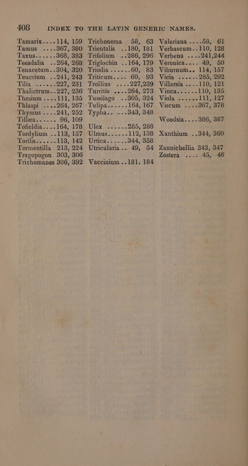 Tamarix....114, 159 -- -.367, 380 Taxzngh 3k. 368, 383 Teesdalia ..264, 268 Tenacetum..304, 320 Teucrium ..241, 243 Tita lt se 227, 231 Thalictrum. .227, 236 Thesium ....111, 185 Thlaspi ....264, 267 Thymus ....241, 252 Pilhaasi. .... 96, 109 Tofieldia....164, 178 Tordylium ..113, 157 Pornlisae. &amp;.1 113, 142 Tormentilla 213, 224 Tragopogon 303, 306 Trichomanes 386, 392 Trichonema 58, 63 Trientalis ..180, 181 Trifolium ...286, 296 Triglochin ..164, 179 Ga OS se ou 60, 83 Triticum.... 60, 93 Trollius ....227,239 Turritis. ....264, 273 Tussilago ..305, 324 -Tulipa...... 164, 167 Typha.. .... 343, 348 URES | GAR. coovs 285, 288 MIEQUS ico 112, 138 Utticat 2s 344, 358 Utricularia... 49, 54 Vaccinium..181, 184 Valeriana.......58,/ 61 Verbascum..110, 128 Verbena ....241,244 Veronica.... 49, 50 Viburnum... 114, 157 Vicia ......285, 292 Villarsia ....110, 121 Vinca......110, 1385 Viola. fi iee. d bide Viscum ....367, 378 Woodsia....386, 387 Xanthium ..344, 360 Zannichellia 343, 347 Zostera . 45, 46