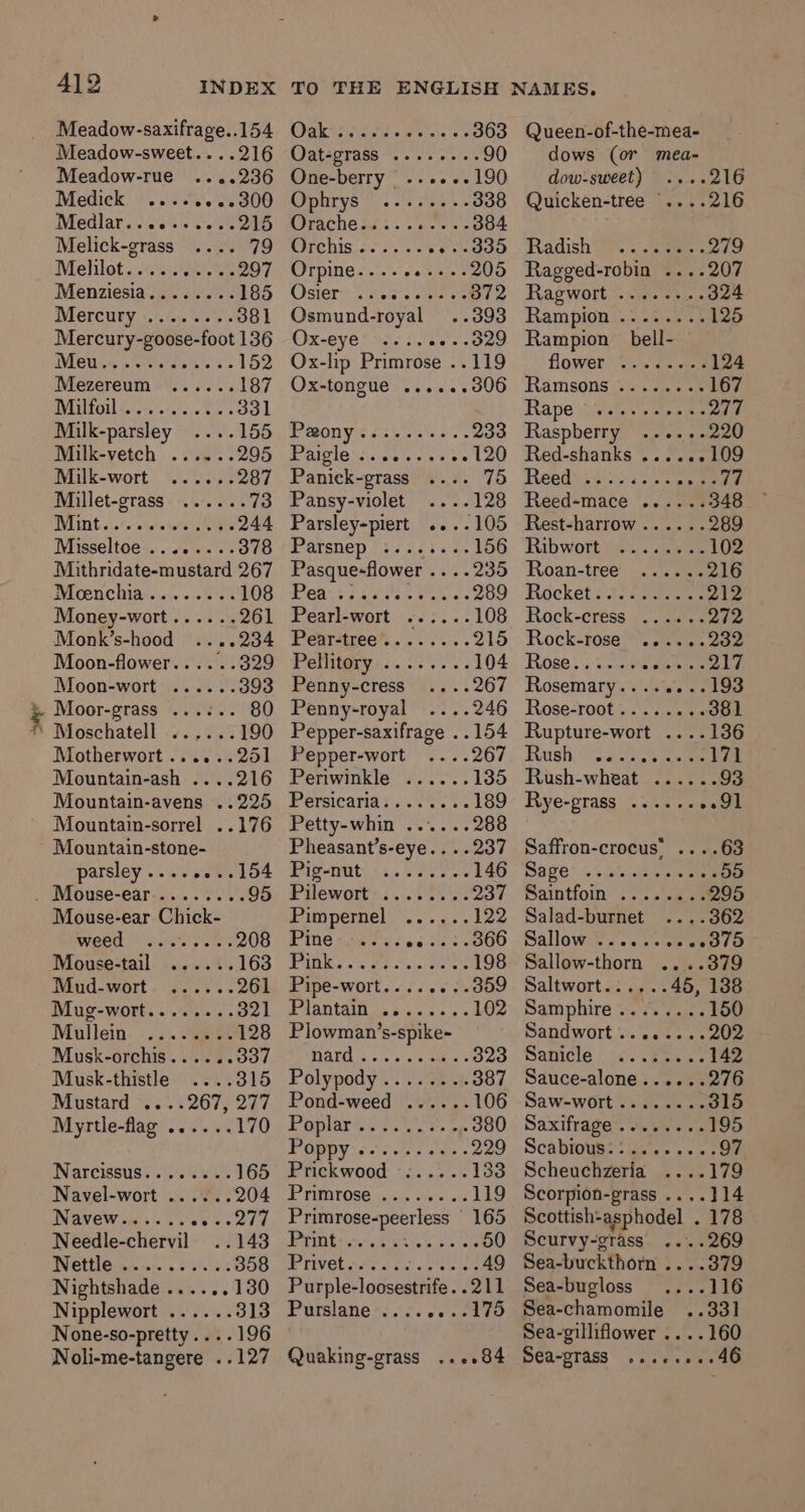 Meadow-saxifrage..154 Meadow-sweet....216 Meadow-rue ....236 Medick ........300 Medlarccwecl meee 215 Melick-grass 79 Melilot..... Qe 807 Menziesia........ 185 Mercury, &lt;0. 1.5 0s 381 Mercury-goose-foot 136 IVE Wee Alomiotere a ilSie 152 Mezereum ...... 187 Pron 790.7... 8 os 331 Milk-parsley »- 155 Milk-vetch ...... 295 Milk-wort. .....; 287 Millet-grass ...... 73 VISE cin 4a-2%ets bots ROMO 244 Misseltoe ........378 Mithridate-mustard 267 Mioenchia:... +... 108 Money-wort...... 261 Monk’s-hood 2204 Moon-flower......329 Moon-wort ...... 393 . Moor-grass ' Moschatell Motherwort...... Mountain-ash ....216 Mountain-avens ..225 Mountain-sorrel ..176 Mountain-stone- parsley ........154 _ Mouse-ear......... 95 Mouse-ear Chick- WEEE. || Sarg sl yckee 208 Mouse-tail ...... 163 Mud-wort ...... 261 Mug-wort........ 321 Mullein: |... “ee 128 Mousk-orchis..... ood Musk-thistle UeB46 Mustard ....267, 277 Myrtle-flag ......170 Narcissus... .s.- 165 Navel-wort ...... 204 Navew...... ay 1 | Needle-chervil ..143 ett Bikss as ..2 04 44 358 Nightshade ......130 Nipplewort ...... 313 None-so-pretty....196 Noli-me-tangere ..127 Carta ttirits ws ese 99 363 Oat-grass ........ 90 One-berry oe e+ 190 Oplrys ..'. js... 338 Orache..... yee BOS: ITE DIS oss). &lt;&lt; oe -d0d0 Orpine..........205 Cisterce Sites semen 372 Osmund-royal 393 Ox-eye’ ..seees 329 Ox-lip Primrose ..119 Ox-tongue ......306 TRONS 52) sinh o's 233 PAB. pees cee to Panick-grass 75 Pansy-violet 128 Parsley-piert ....105 Parsnep (3-343. 156 Pasque-flower .. ..235 Peas sa gic ok ale 289 Pearl-wort:-.&lt;:. 3. 108 Penrtiree?. 5s... 215 PONY: fiao's eo ss 104 Penny-cress 267 Penny-royal 246 Pepper-saxifrage ..154 Pepper-wort Periwinkle ...... 135 Pergicana 7.05% 6. 189 Petty-whin ...... 288 Pheasant’s-eye.. ..237 Pipeiate cs. Seve. 146 Pilewort::....005 0% 237 Pimpernel... 122 Pine eo... 366 ge Re ee 198 Pipe-wort........359 Piantali., ss.» 2. 102 Plowman’s-spike- AVAL cc olete! Se eee 3 o2e Polypody .. 4. 's5 387 Pond-weed ...... 106 Poplar Sas ep 380 FOU te.cie seen ates = 229 Prickwood -:..... 133 PTMMTOSe &amp;). oi stesso 119 Primrose-peerless | 165 Pirintee.t RY. oe sate 50 PW TVEL ee ne ee 49 Purple-loosestrife. . Purslane:.... Quaking-grass ....84 Queen-of-the-mea- dows (or mea- dow-sweet) ....216 Quicken-tree “....216 Radish. eee 279 Ragged-robin ....207 Ragwort ..5. 0%... 324 Rampions.5-2 st) 125 Rampion bell- floweti cae asec 124 Ramsons si. . 2. 6 2s 167 Rape “s+... s0s- pares Raspberry... «+ +-220 Red-shanks .....-109 Heedasveswak es eae Reed-mace ......348- Rest-harrow...... 289 Ribwotthvs .eeee 102 Roan-tree .....- 216 Rocketiot7eeeeeee ole Rock-cress &lt;i en aie Rock-tose sae. ade Fibee}s tease as By Me Rosemary........193 Rose-root 2c. wa 3881 Rupture-wort ....136 Bush se. tne ae Rush-wheat ...... 93 Rye-grass ...... 91 Saffron-crocus, ....63 Nase. 7.) Gini eae 50 Paintioin';. s\n 295 Salad-burnet 362 Sallowsl' 0. huh uaa Sallow-thorn ....379 Saltwort...... 45, 138 Samphire........ 150 Sandwort wn .cee as Sanicle Sauce-alone...... Saw-wort ........ 315 Saxifrage ........ 195 Scabrowe?t aie sc, 97 Scheuchzeria 179 Scorpion-grass ....114 Scottish-asphodel . 178 Scurvy-grass ....269 Sea-buckthorn ....379 Sea-bugloss ....116 Sea-chamomile ..331 Sea-gilliflower ....160 Sea-grass .....5..46