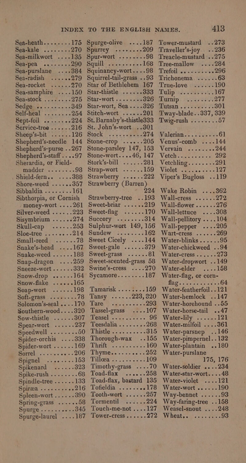 Sad-heath........ 175 POEMEOIE |. oo se wt 270 Sea-milkwort ....135 Sea-pea ........ 290 Sea-purslane 384 Sea-radish 00279 Sea-rocket °...... 270 Sea-samphire .... Dea-StOCK, &lt; uivclee-¢ 275 BOGPONS s+ + ae-0n 2.0 349 Seli-feal .. ..6%0 254 Sept-foil .......0224 Service-tree ...... 216 Sheep’s-bit ...... 126 Shepherd’s-needle 144 Shepherd’s-staff ... Sherardia, or Field- madder _ Shield-fern.. Shore-weed .... Sibbaldia esceseee 297 161 money-wort .... 261 Silver-weed ...... 223 Sisymbrium ......274 Skull-cap ...... 253 Sloe-tree ........214 Small-reed ...... 78 Snake’s-head . 167 Snake-weed ...... 188 Snap-dragon 259 Sneeze-wort...... 332 Snow-drop .....- Snow-flake ...... Soap-wort Soft-grass Solomon’s-seal.... Southern-wood.... Sow-thistle Spear-wort eesee ee eoeee ee Spider-orchis .338 Spider-wort ...... 169 Sorrel: ..°. +s ater aU Spignel .......-153 Spikenard ...... 323 Spike-rush ........ 68 Spindle-tree ...... 133 Spirwa, .. s..65- 216 Spleen-wort...... 390 Spring-grass ......58 Spurge ...... oe» 045 Spurge-laurel .... Spurge-olive ....187 Spurrey ..--.. --209 Spur-wort ........ 98 Squill. .. 2... --- 168 Squinancy-wort....98 Squirrel-tail-grass ..93 Star of Bethlehem 167 Star-thistle ...... 333 Star-wort ......0% 326 Star-wort, Sea....326 Stitch-wort ......201 St. Barnaby’s-thistle333 St. John’s-wort ..301 Stock |. a v. eres 274 Stone-crop ...... 205 Stone-parsley 147, 153 Stone-wort....46, 147 Stork’s-bill ...... Strap-wort ..... Strawberry ......222 Strawberry (Barren) ~ 224 Strawberry-tree ..193 Sweet-briar ..... -219 Sweet-flag ...... 170 DUCCOFY) sie. sess 314 Sulphur-wort 149, 156 Sundew *:......% 162 Sweet Cicely 144 Sweet-gale ...... 379 Sweet-grass ...... 81 Sweet-scented-crass 58 Swine’s-cress ....270 Sycamore... a... 4 187 Tamarisk ....3...159 Dahsy s 2 ... 223, 320 EO Sas ern retdents 293 Tassel-grass 107 easel Ve. sane - 96 Veesdalia sor. sca 268 Piste Vers 315 Thorough-wax 155 Thtlts hc nee eens 160 TPH YMGhe aces ce 252 ALiGeae et erore ask oe 109 Timothy-grass ....70 Toad-flax « # sce. © 206 Toad-flax, bastard 135 Tofieldia ...... e178 Tooth-wort ...... 257 Tormentil wus. 2.224 Touch-me-not ....127 Tower-cress...... 272 Tower-mustard Traveller’s-joy Treacle-mustard ..275 Tree-mallow 284 Wrefoilase.lasaa 2 » 296 Trichonema .....- 63 Trne-love. © ../s..+ 190 Dulip (40:6 Y sR) 167 urnip . vepine ses 277 clutsan . 1 ia etae se 301 Tway-blade. .337, 339 Twig-rush ........ 57 Valerian’. «soa ws 61 Venus-comb ....144 Wervairi os. 2 «2 244 Weteh:. vee. oe 292 Vetchling........ 291 Violets iti dee es's Lae Viper’s Bugloss ..119 Wake Robin 362 Wall-cress ...... 272 Wall-flower...... 276 Wall-lettuce 308 Wall-pellitory ....104 Wall-pepper 205 Wart-cress. ...... 69 Water-blinks...... 95 Water-chickweed ..94 Water-cress...... Jie Water-dropwort ..149 Water-elder ....158 Water-flag, or corn- Gc Caer ran ae ae Water-featherfoil. .121 Water-hemlock ..147 Water-horehound ..55 Water-horse-tail ..47 Water-lily ...... Water-milfoil .... Water-parsnep Water-pimpernel. . 132 Water-plantain ..180 Water-purslane 175, 176 Water-soldier ....234 Water-star-wort....48 Water-violet ....121 Water-wort ......190 Way-bennet Way-faring-tree ..158 Weasel-snout ....248 Wheat..