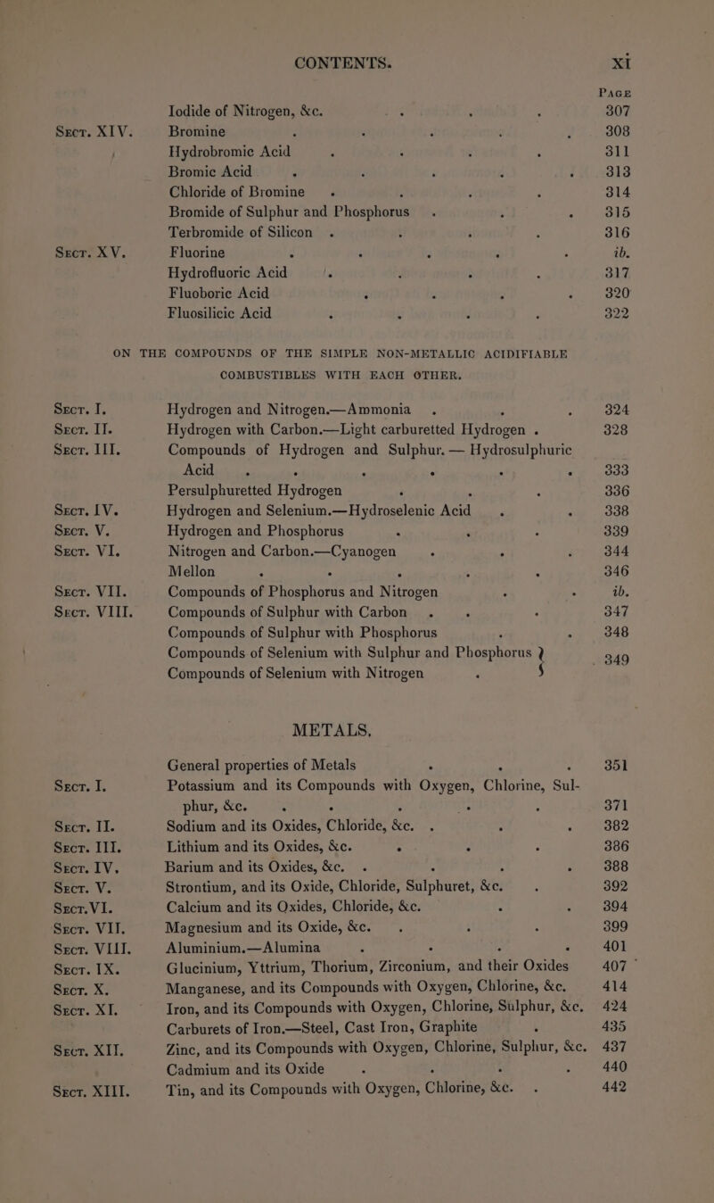 Secr. XV. Iodide of sere &amp;e. Bromine Hydrobromic Acid: Chloride of Bromine Bromide of Sulphur and Pisa lend Terbromide of Silicon ; Fluorine Hydrofluoric eid Fluoborie Acid Fluosilicic Acid Secr, I, Sect. IT. Secr. ILI. Sect. [V. Secr. V. Srecr. VI. Sect. VII. Sect. I. Secr, IT. Sect. III. Secr. IV, Sect. V. Secr. VI. Secr. VII. Sect. IX. Secr. X. Secr. XI. Sect, XII. COMBUSTIBLES WITH EACH OTHER. Hydrogen and Nitrogen—Ammonia Hydrogen with Carbon.—Light carburetted Eedaean : Compounds of Hydrogen and Sulphur. — Hydrosulphuric p07 Fe ae ° . . . Persulphuretted Pateger . Hydrogen and Selenium.—Hydroselenic en) Hydrogen and Phosphorus : Nitrogen and VER rene Mellon : . Compounds of eae and Nitrogen Compounds of Sulphur with Carbon. Compounds of Sulphur with Phosphorus Compounds of Selenium with Sulphur and Phostheras ?] Compounds of Selenium with Nitrogen § METALS, General properties of Metals : ; Potassium and its Compounds with Oxygen, Chlorine, Sul phur, &amp;c. Sodium and its Oxides, Chloride, &amp;e. Lithium and its Oxides, &amp;c. ; Barium and its Oxides, &amp;c. Strontium, and its Oxide, Chloride, Sulphuret, Sy Calcium and its Oxides, Chloride, &amp;c. Magnesium and its Oxide, &amp;c. Aluminium.—Alumina Glucinium, Yttrium, Thorium, reba: and their Cudcs Manganese, and its Compounds with Oxygen, Chlorine, &amp;c. Carburets of Iron.—Steel, Cast Iron, Graphite Cadmium and its Oxide Tin, and its Compounds with Oxygen, Clilctine) Be. PAGE 307 308 311 314 315 316 ib. 317 320 322 351 371 382 386 388 392 394 399 401 407 © 414 424 435 437 440 442