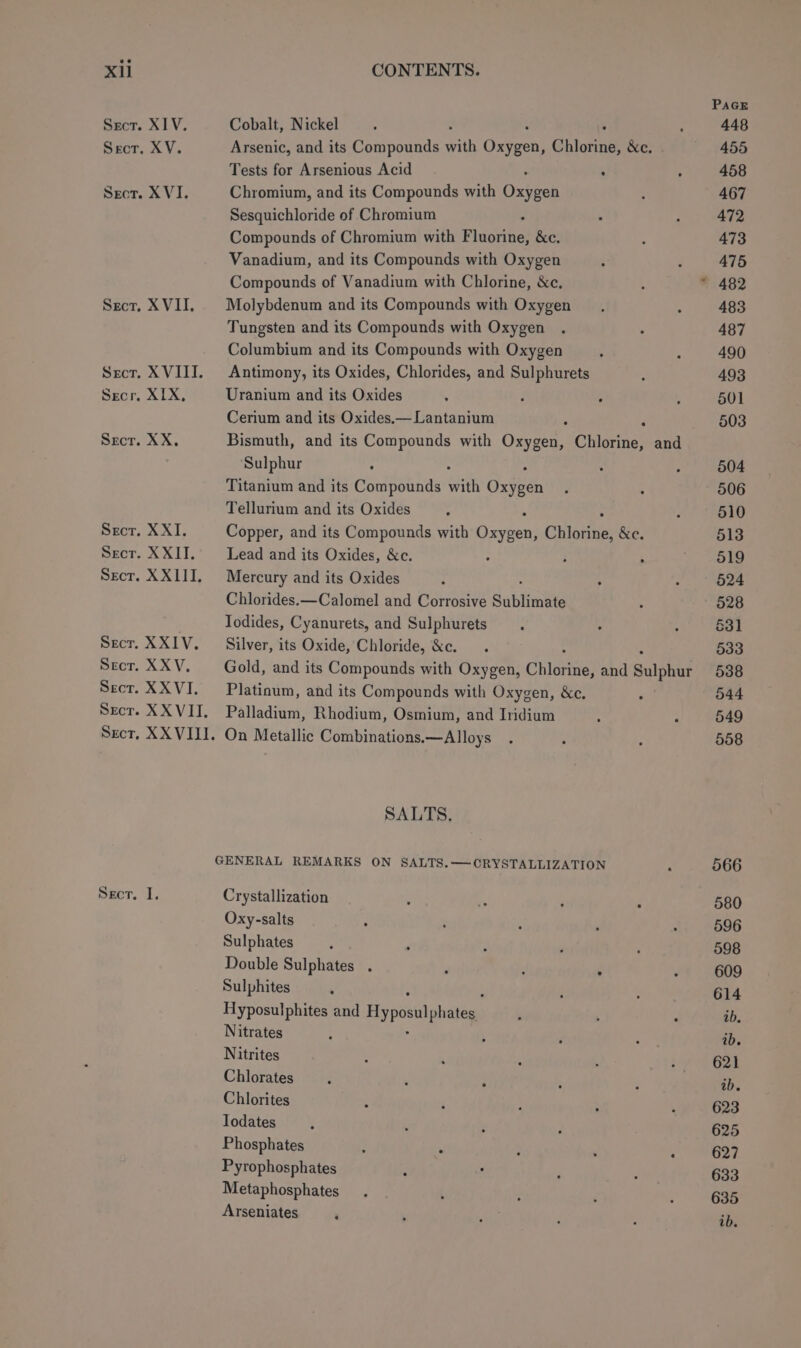 Sect. XIV. Cobalt, Nickel Secr, XV. Arsenic, and its Compounds ith Oxracns Ghlorines &amp;e. Tests for Arsenious Acid ; Sect. XVI. Chromium, and its Compounds with Caeeen Sesquichloride of Chromium Compounds of Chromium with Picea’ &amp;e. Vanadium, and its Compounds with Oxygen Compounds of Vanadium with Chlorine, &amp;c. XVII. Molybdenum and its Compounds with Oxygen Tungsten and its Compounds with Oxygen Columbium and its Compounds with Oxygen XVIII. Antimony, its Oxides, Chlorides, and Sulphurets XIX, Uranium and its Oxides : Cerium and its Oxides.— Lantanium XX, Bismuth, and its Compounds with Oma Chlorine, and Sulphur Titanium and its Compounds ath Oian Tellurium and its Oxides XXI. Copper, and its Compounds with Oiyeonl ee &amp;e. XXII. —_ Lead and its Oxides, &amp;c. . i &gt; XXIII. Mercury and its Oxides Chlorides.—Calomel and Corrosive Sublimite Todides, Cyanurets, and Sulphurets XXIV. Silver, its Oxide, Chloride, &amp;c. XXV, Gold, and its Compounds with Oxygen, Chioting) and Sulpat XXVI. Platinum, and its Compounds with Oxygen, &amp;c., XXVII. Palladium, Rhodium, Osmium, and Iridium XXVIII. On Metallic Combinations.—Alloys SALTS. GENERAL REMARKS ON SALTS.—CRYSTALLIZATION i. Crystallization Oxy-salts Sulphates Double Sulphates . Sulphites Hyposulphites and Hyposul nie Nitrates : Nitrites Chlorates Chlorites Todates Phosphates Pyrophosphates Metaphosphates Arseniates PAGE 448 455 458 467 472 473 475 482 483 487 490 493 501 503 504 506 510 513 519 524 528 631 533 538 544 549 558 566 580 596 598 609 614 ib. ib. 621 ab. 623 625 627 633 635 ib.