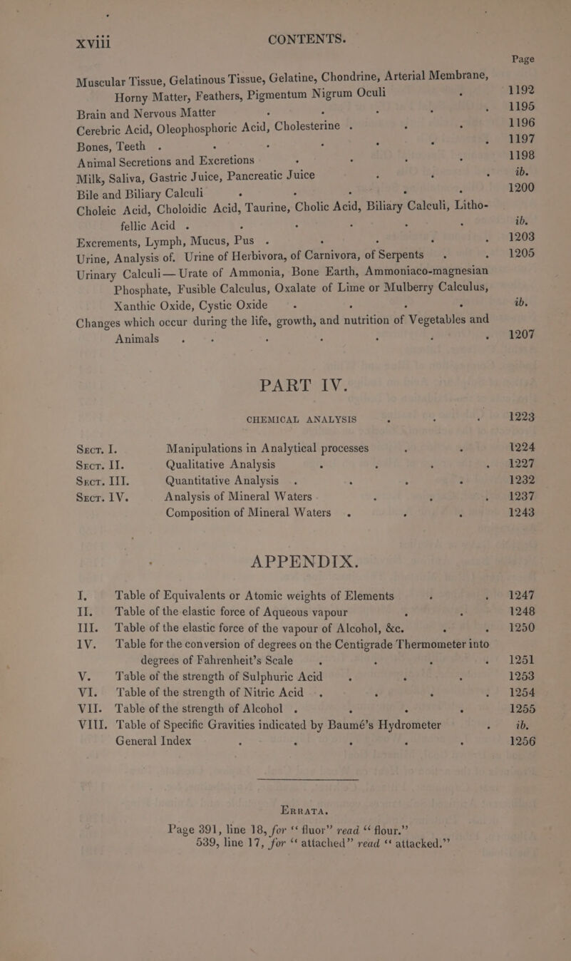 Muscular Tissue, Gelatinous Tissue, Gelatine, Chondrine, Arterial Membrane, Horny Matter, Feathers, aaa Nigrum Oculi Brain and Nervous Matter : Cerebric Acid, Oleophosphoric ae Chalets : Bones, Teeth : ; : Animal Secretions and Excretions Milk, Saliva, Gastric Juice, Pancreatic Juice Bile and Biliary Calculi : Choleic Acid, Choloidic Acid, Taurine, Chettc ret) Biliary ‘Caleuli, Litho- fellic Acid . : : ; : Excrements, Lymph, Mucus, Pas Urine, Analysis of. Urine of Herbivora, of Cte: of ‘Bergen A Urinary Calculi— Urate of Ammonia, Bone Earth, Ammoniaco-magnesian Phosphate, Fusible Calculus, Oxalate of Lime or Mulberry Calculus, Xanthic Oxide, Cystic Oxide : F Changes which occur during the life, growth, and nutrition off Vegetables and Animals PAT TALS CHEMICAL ANALYSIS Secr. I. Manipulations in Analytical processes Secr. II. Qualitative Analysis Srer. IT]. Quantitative Analysis. : Secr. 1V. Analysis of Mineral Waters Composition of Mineral Waters. APPENDIX. I, Table of Equivalents or Atomic weights of Elements II. Table of the elastic force of Aqueous vapour IlI. Table of the elastic force of the vapour of Alcohol, ees : 1V. Table for the conversion of degrees on the Centigrade Thermometer into degrees of Fahrenheit’s Scale V. Table of the strength of Sulphuric Acid : VI. Table of the strength of Nitric Acid ‘ VII. Table of the strength of Alcohol . . . VIII. Table of Specific Gravities indicated by Bahn é’s Hydrometer General Index “ ° . Errata, Page 391, line 18, for ‘‘ fluor” read “ flour.” 539, line 17, for ‘‘ attached” read ‘ attacked.”’ 1207 1223 1224 1227 1232 1237 1243