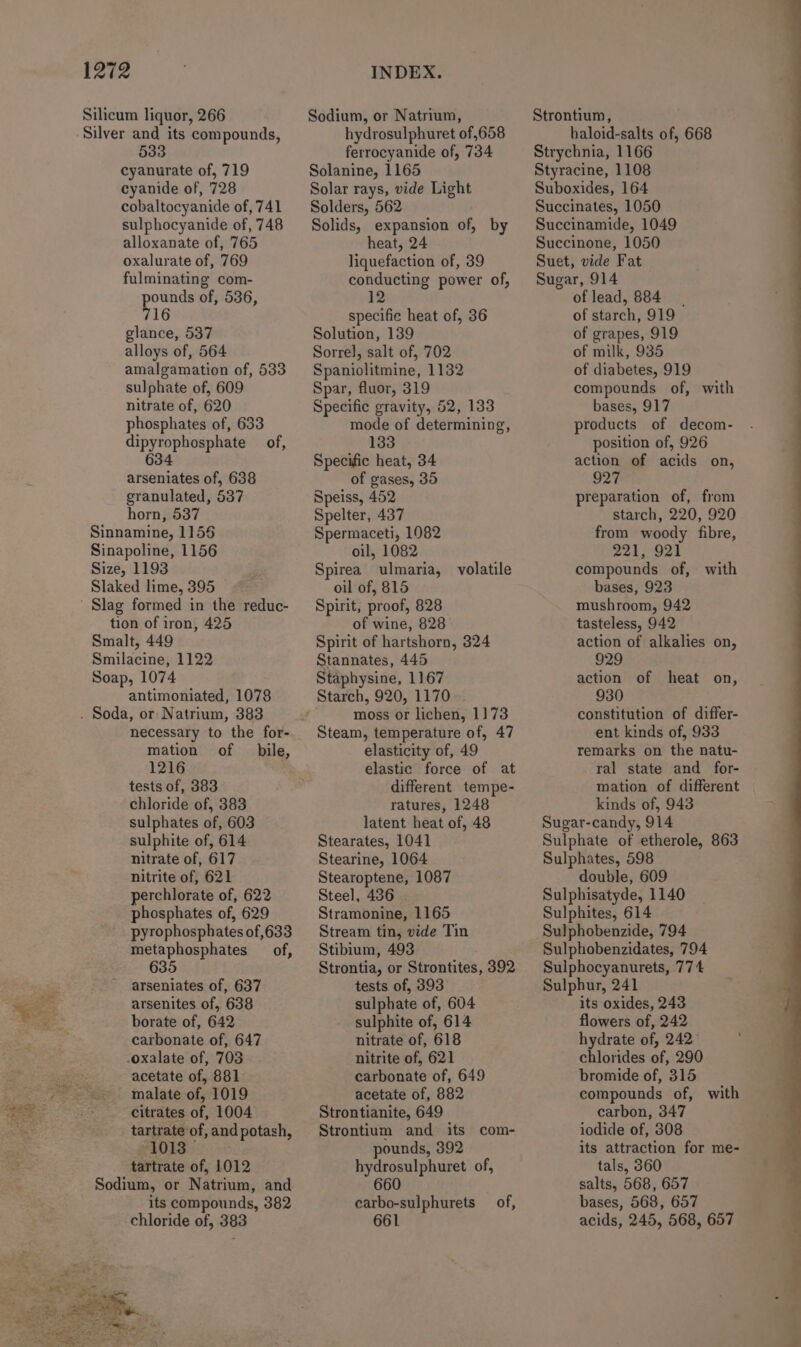 Silicum liquor, 266 Silver and its compounds, cyanurate of, 719 cyanide of, 728 cobaltocyanide of, 741 sulphocyanide of, 748 alloxanate of, 765 oxalurate of, 769 fulminating com- ounds of, 536, 16 glance, 537 alloys of, 564 amalgamation of, 533 sulphate of, 609 nitrate of, 620 phosphates of, 633 dipyrophosphate of, 634 arseniates of, 638 granulated, 537 horn, 537 Sinnamine, 1155 Sinapoline, 1156 Size, 1193 Slaked lime, 395 — tion of iron, 425 Smalt, 449 Smilacine, 1122 Soap, 1074 antimoniated, 1078 necessary to the for- mation of bile, 1216 tests of, 383 chloride of, 383 sulphates of, 603 sulphite of, 614 nitrate of, 617 nitrite of, 621 perchlorate of, 622 phosphates of, 629 pyrophosphates of 633 metaphosphates of, 635 arseniates of, 637 arsenites of, 638 borate of, 642 carbonate of, 647 oxalate of, 703 acetate of, 881 citrates of, 1004 tartrate of, and potash, “1018 - tartrate of, 1012 Sodium, or Natrium, and its compounds, 382 chloride of, 383 Sodium, or Natrium, hydrosulphuret of 658 ferrocyanide of, 734 Solanine, 1165 Solar rays, vide Light Solders, 562 Solids, expansion of, by heat, 24 liquefaction of, 39 conducting power of, 12 specific heat of, 36 Solution, 139 Sorrel, salt of, 702 Spaniolitmine, 1132 Spar, fluor, 319 Specific gravity, 52, 133 mode of determining, 133 Specific heat, 34 of gases, 35 Speiss, 452 Spelter, 437 Spermaceti, 1082 oil, 1082 Spirea ulmaria, volatile oil of, 815 Spirit, proof, 828 of wine, 828 Spirit of hartshorn, 324 Stannates, 445 Staphysine, 1167 Starch, 920, 1170 moss or lichen, 1173 Steam, temperature of, 47 elasticity of, 49 elastic force of at different tempe- ratures, 1248 latent heat of, 48 Stearates, 1041 Stearine, 1064 Stearoptene, 1087 Steel, 436 Stramonine, 1165 Stream tin, vide Tin Stibium, 493 Strontia, or Strontites, 392 tests of, 393 sulphate of, 604 sulphite of, 614 nitrate of, 618 nitrite of, 621 carbonate of, 649 acetate of, 882 Strontianite, 649 Strontium and its com- pounds, 392 hydrosulphuret of, 660 carbo-sulphurets of, Strontium, haloid-salts of, 668 Strychnia, 1166 Styracine, 1108 Suboxides, 164 Succinates, 1050 Succinamide, 1049 Succinone, 1050 Suet, vide Fat Sugar, 914 of lead, 884 of starch, 919 of grapes, 919 of milk, 935 of diabetes, 919 compounds of, with bases, 917 products of decom- position of, 926 action of acids on, 927 preparation of, from starch, 220, 920 from woody fibre, 221, 921 compounds of, with bases, 923 mushroom, 942 tasteless, 942 action of alkalies on, 929 action of heat on, 930 constitution of differ- ent kinds of, 933 remarks on the natu- ral state and for- mation of different kinds of, 943 Sugar-candy, 914 Sulphate of etherole, 863 Sulphates, 598 double, 609 Sulphisatyde, 1140 Sulphites, 614 Sulphobenzide, 794 Sulphobenzidates, 794 Sulphocyanurets, 774 Sulphur, 241 its oxides, 243 flowers of, 242 hydrate of, 242° chlorides of, 290 bromide of, 315 compounds of, with carbon, 347 iodide of, 308 its attraction for me- tals, 360 salts, 568, 657 bases, 568, 657 acids, 245, 568, 657