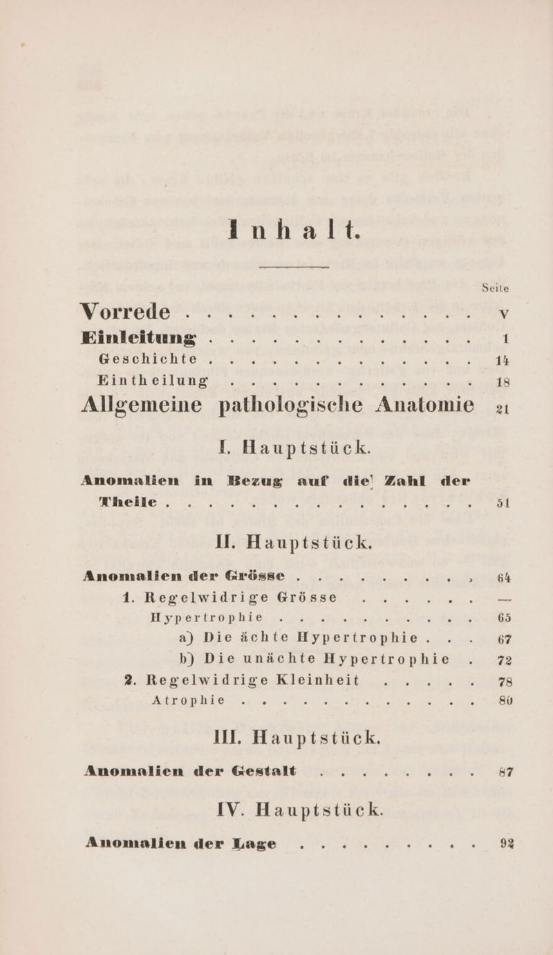 Inhalt. Vorrede Einleitung . Geschichte . Eintheilung I, Hauptstück. Theile . 1. Hauptstück. Anomalien der Grösse . 1. Regelwidrige Grösse Hypertrophie E a) Die ächte RBURENSBEREN 6  b) Die unächte Hypertrophie 2. Regelwidrige Kleinheit Atrophie Il. Hauptstück. Anomanlien der Gestalt IV. Hauptstück. öl 87 9%
