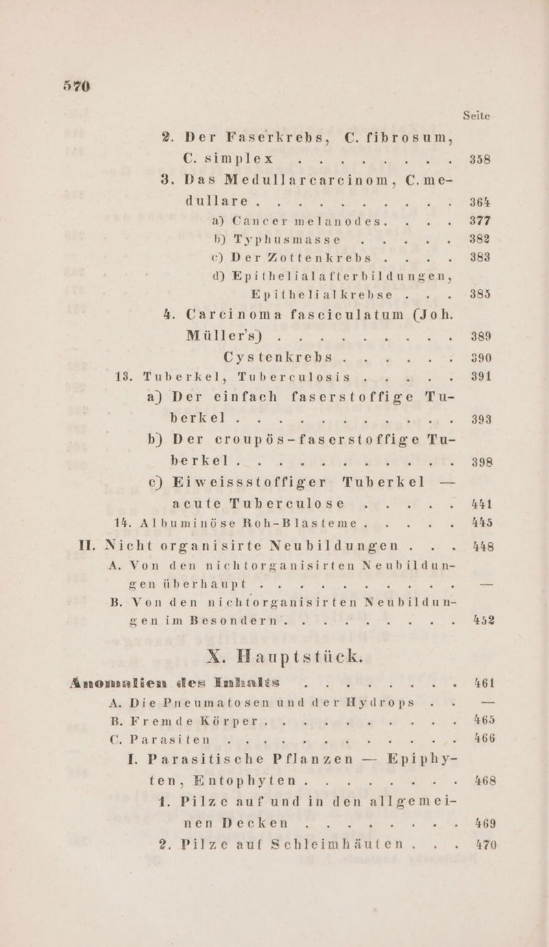 970 2. Der Faserkrebs, C. fibrosum, C. simplex ; . 3. Das Medullarcarcinom, C.me- dullare. a) Cancer melanodes. bh) Typhusmasse c) Der Zottenkrebs _,e d) Epithelialafterbildungen, Epithelialkrebse 4. Carcinoma fasciculatum EN Müller’s) : Cystenkrebs 13. Tuberkel, Tuberculosis G : a) Der elufsch faserstoffige Tu- berkel REF ELIR b) Der ceroupös-faserstoffige Tu- perkel;_ SISrE RI ERHR. c) Eiweissstoffiger Tuberkel — acute Tuberculose 13. Albuminöse Roh-Blasteme. . . .. 11. Nicht organisirte Nenhbildungen . .. » A. Von den nichtorganisirten Neubildun- sen überhaupt B. Von den nichtorganisirten Neubildun- gsenimBesondern. X. Hauptstück. Anomnlien des Inhalia . . 2 2 2 nn“ A. Die Pneumatosen und der Hydrops B: Frem desKörper , 1% iA C. Parasiten I. ER N er — Ertake ten, Entophyten. 2 1. Pilze aufund in den allgemei- BOU BEUHER. 0.0 ee 2. Pilze auf Schleimhäuten. Seite 358 364 377 382 383 385 389 390 470