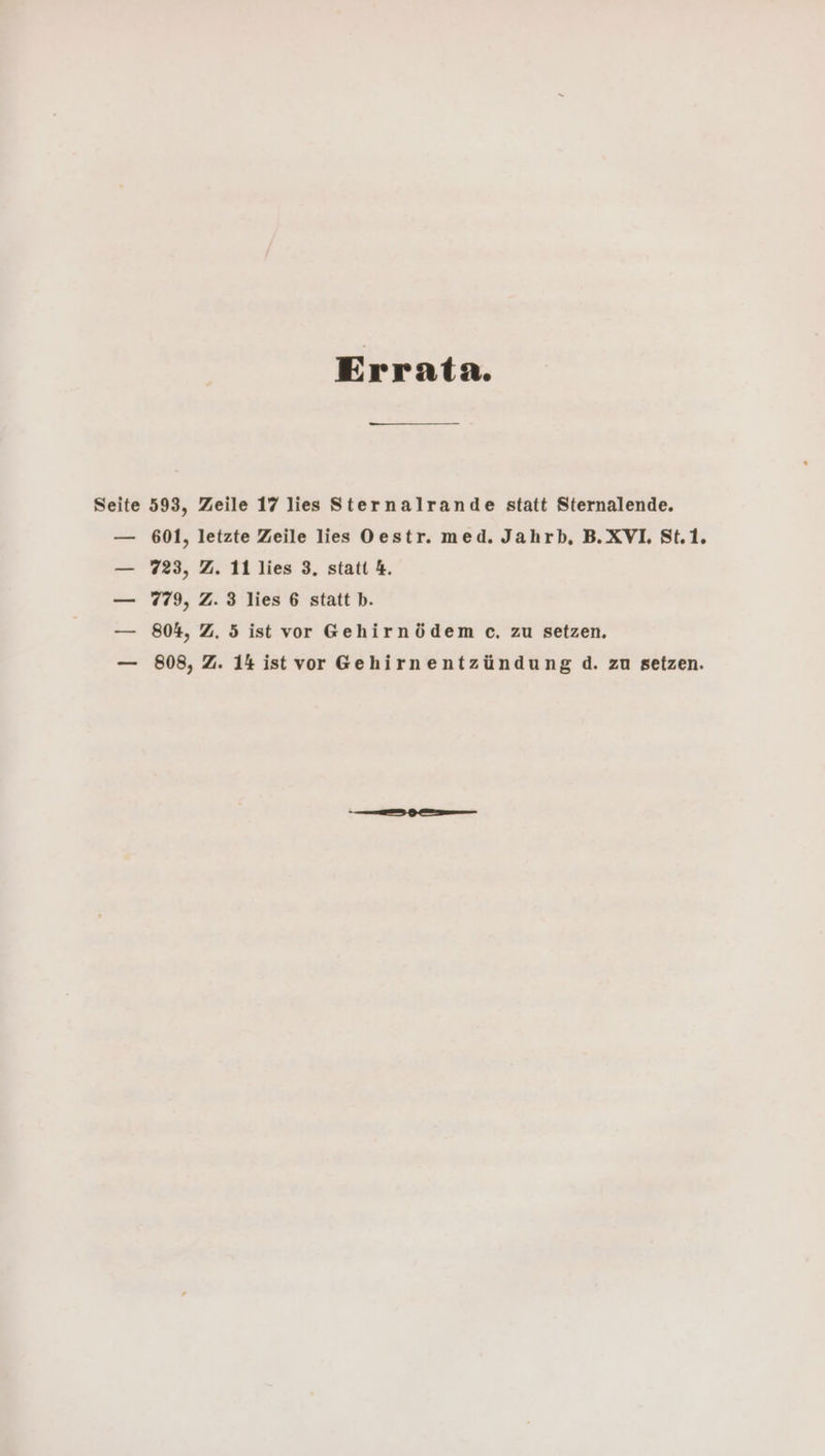Erratna. Seite 593, Zeile 17 lies Sternalrande statt Sternalende. — 601, letzte Zeile lies Oestr. med. Jahrb, B.XVI St.1. — 723, Z. 11 lies 3, statt 4. — 779, Z. 3 lies 6 statt b. — 804, Z. 5 ist vor Gehirnödem c. zu Setzen. — 808, Z. 14 ist vor Gehirnentzündung d. zu setzen.