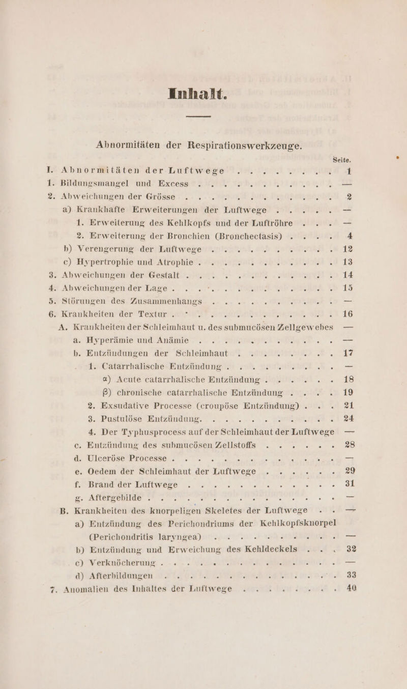 nn mw Inhalt. Abnormitäten der Luftwege a) Krankhafte Erweiterungen der Luftwege . . 1. Erweiterung des Kehlkopfs und der Luftröhre 2. Erweiterung der Bronchien (Bronchectasis) . b) Verengerung der Luftwege . . c) Hypertrophie und Atrophie . . . . . . . . « . . . . . . e . a. Hyperämie und Anämie ua FI FSI I FREE EAE ES EI ED b. Eutzündungen der Schleimhaut . 1. Catarrhalische Entzündung . a) Acute catarrhalische Entzündung . . . ß) chronische catarrhalische Entzündung . . 3. Pustulöse Entzündung. . . . . . . Entzündung des submucösen Zellstoffs . . . Ulceröse Processe . . . Oedem der Schleimhaut der Luftwege . . . Brand der Luftwege . Aftersehilae .’ . . . . . . (@Perichondritis laryngea) . » » 2 00. ° b) Entzündung und Erweichung des Kehldeckels e) Verkndehermig. . -+ - . RITTER Fe di Afterkiklengen u 21.02 4.2 Te, j Anomalien des Inhaltes der Luftwege . « Seite.