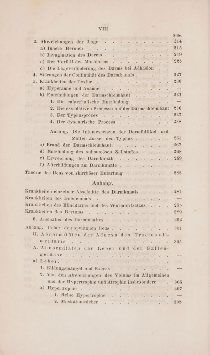vo 3. Abweichungen der Lage . - - . . a) Innere Hernien { b) Tuvagination des Dams .._ . . . .„ 7. . c) Der Vorfall des Mastdarms . h d) Die Lageveränderung des Därms bei Aahäsion 4. Störungen der Continuität des Darmkanals. . . &gt;. Krankheten Bir Testur u &gt; » 2 nun nm a) Hyperämie und Anämie - b) Entzündungen der Darmschleimhaut 1. Die catarrhalische Entzündung . . } 2. Die exsudativen Processe auf der Darmschleimhaut BE DEEDSDRUSEUEER ©, , 0... . 5 4. Der dysentrische Process . . . . . . Anhang. Die Intumescenzen der Darmfollikel uud Zotten ausser dem Typhus . c) Brand der Darmschleimhaut. ; d) Entziindung des submucösen Zellstoffess . . . e) Erweichung des Darmkanals . . . f) Afterbildungen am Darmkanale . Theorie des Ileus von skirrhöser Entartung Anhang. Krankheiten einzelner Abschnitte des Darmkanals . . Krankheiten des Duodenum’s . . ers hair iheat Krankheiten des Blinddarms und des FERN wehren Krankheiten des Rectums . . « 6. Anomalien des Darminhaltes. . . . . Anhang, Ueber den spontanen leus . . . . I. Abnormitäten der Adnexa des Tractusali- ERTEILEN N TR I 5 A. Abnormitäten der Leber und der Gallen- gefässe;; a) Leber. A 1. Bldulieranae ET BE 6 I u u ee *. Von den Abweichungen des Volums im Allgemeinen und der Hypertrophie und Atrophie insbesondere a) Hypertrophie 1. Reine Eiyperträßhe a RT UT RU 2. Muskatnussleber