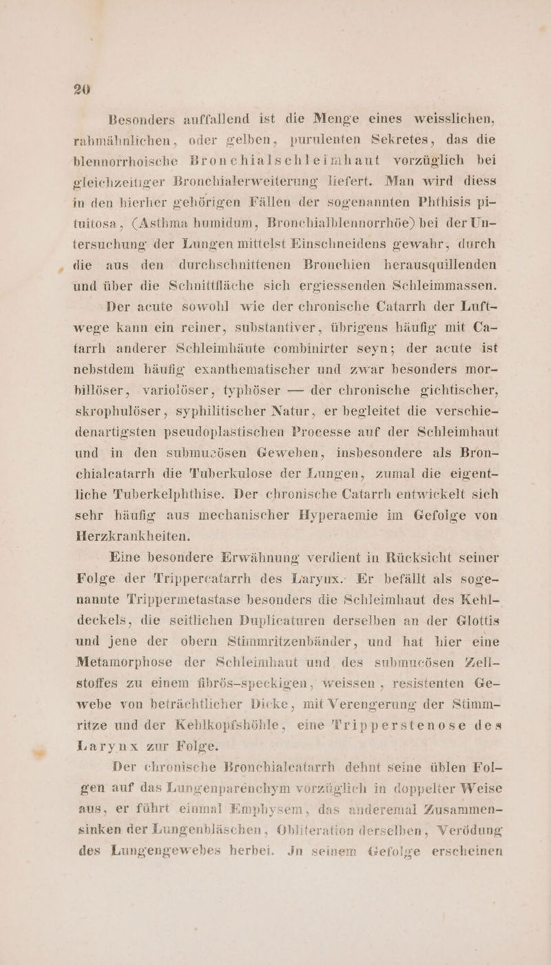 Besonders auffallend ist die Menge eines weisslichen, rahmähnlichen, oder gelben, purulenten Sekretes, das die blennorrhoische Broncehialsehleimhaut vorzüglich bei gleichzeitiger Bronchialerweiterung liefert. Man wird diess in den hierher gehörigen Fällen der sogenannten Phthisis pi- tuitosa, (Asthma humidum, Bronchialblennorrhöe) bei der Un- tersuchung der Lungen mittelst Einschneidens gewahr, durch die aus den durchschnittenen Bronchien herausquillenden und über die Schnittfläche sich ergiessenden Schleimmassen. Der acute sowohl wie der chronische Catarrh der Luft- wege kann ein reiner, substantiver, übrigens häufig mit Ca- tarrh anderer Schleimhäute combinirter seyn; der acute ist nebstdem häufig exanthematischer und zwar besonders mor- hillöser, varioiöser, typhöser — der chronische gichtischer, skrophulöser, syphilitischer Natur, er begleitet die verschie- denartigsten pseudoplastischen Processe auf der Schleimhaut und in den submusösen Geweben, insbesondere als Bron- chialcatarrh die Tuberkulose der Lungen, zumal die eigent- liche Tuberkelphthise. Der chronische Catarrh entwickelt sich sehr häufig aus mechanischer Hyperaemie im Gefolge von Herzkrankheiten. Eine besondere Erwähnung verdient in Rücksicht seiner Folge der Trippercatarrh des Larynx. Er befällt als soge- nannte Trippermetastase besonders die Schleimhaut des Kehl- deckels, die seitlichen Duplieaturen derselben an der Glottis und jene der obern Stimmritzenbänder, und hat hier eine Metamorphose der Schleimhaut und. des submucösen Zell- stoffes zu einem fihrös-speckigen, weissen , resistenten Ge- webe von beträchtlicher Dicke, mit Verengerung der Stimm- ritze und der Kehlkopfshöhle, eine Tripperstenose des Larynx zur Folge. Der chronische Bronchialeatarrh dehnt seine üblen Fol- gen auf das Lungenparenchym vorzüglich in doppelter Weise aus, er führt einmal Emphysem, das anderemal Zusammen- sinken der Lungenbläschen, Obliteration derselben, Verödung des Lungengewebes herbei. Jn seinem Gefolge erscheinen