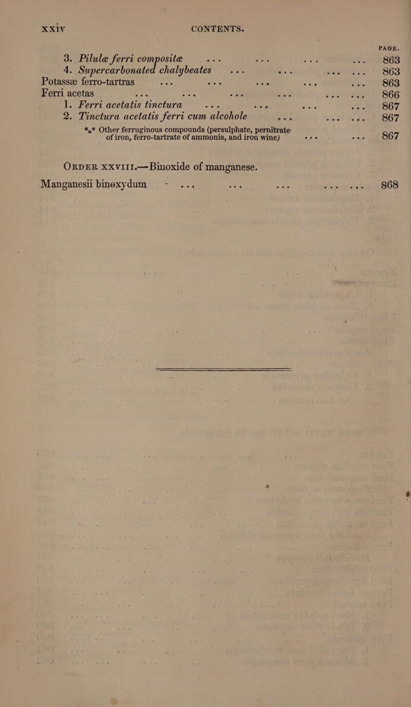 PAGE 3. Pilule ferri co es ie uses rate via 60168 4. Supercarbonate ie hie mor Bie oxen! B68 Potasse ferro-tartras Bes oe ens eit) (BBS Ferri acetas Heap A o8h Hake Ace P S66 l. Ferri acetatis A eon ere Ki pi we, 7) AAOBOT 2. Tinctura acetatis ferri cum alcchole ee OS ay *,* Other ferruginous compounds (persulphate, pernitrate 867 of iron, ferro-tartrate of ammonia, and iron wine) POR Ae eee ORDER XXVIII.—Binoxide of manganese. Manganesii binexydum - ... nat or sieh-avere nl eee