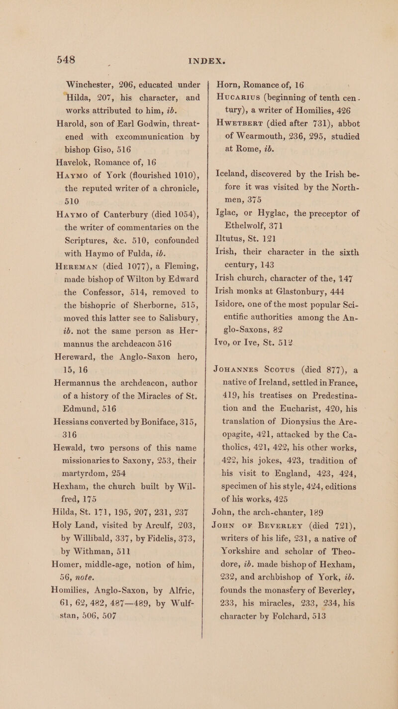 Winchester, 206, educated under ‘Hilda, 207, his character, and works attributed to him, id. Harold, son of Earl Godwin, threat- ened with excommunication by bishop Giso, 516 Havelok, Romance of, 16 Haymo of York (flourished 1010), the reputed writer of a chronicle, 510 Haymo of Canterbury (died 1054), the writer of commentaries on the Scriptures, &amp;c. 510, confounded with Haymo of Fulda, 70. Hereman (died 1077), a Fleming, ' made bishop of Wilton by Edward the Confessor, 514, removed to the bishopric of Sherborne, 515, ib. not the same person as Her- mannus the archdeacon 516 Hereward, the Anglo-Saxon hero, 15, 16 Hermannus the archdeacon, author of a history of the Miracles of St. Edmund, 516 Hessians converted by Boniface, 315, 316 Hewald, two persons of this name missionaries to Saxony, 253, their martyrdom, 254 Hexham, the church built by Wil- fred, 175 Hilda, St. 171, 195, 207, 231, 237 Holy Land, visited by Arculf, 203, by Willibald, 337, by Fidelis, 373, by Withman, 511 Homer, middle-age, notion of him, 56, note. Homilies, Anglo-Saxon, by Alfric, 61, 62, 482, 487—489, by Wulf- stan, 506, 507 Horn, Romance of, 16 Hucarius (beginning of tenth cen - tury), a writer of Homilies, 426 HwersBert (died after 731), abbot of Wearmouth, 236, 295, studied at Rome, 7d. Iceland, discovered by the Irish be- fore it was visited by the North- men, 375 Iglac, or Hyglac, the preceptor of Ethelwolf, 371 Iltutus, St. 121 Irish, their character in the sixth century, 143 Irish church, character of the, 147 Irish monks at Glastonbury, 444 Isidore, one of the most popular Sci- entific authorities among the An- glo-Saxons, 82 Ivo, or Ive, St. 512 Jouannes Scotus (died 877), a native of Ireland, settled in France, 419, his treatises on Predestina- tion and the Eucharist, 420, his translation of Dionysius the Are- Opagite, 421, attacked by the Ca- tholics, 421, 422, his other works, 422, his jokes, 423, tradition of his visit to England, 423, 424, specimen of his style, 424, editions of his works, 425 John, the arch-chanter, 189 Joun oF BEVERLEY (died 721), writers of his life, 231, a native of Yorkshire and scholar of Theo- dore, id. made bishop of Hexham, 232, and archbishop of York, 70. founds the monastery of Beverley, 233, his miracles, 233, 234, his character by Folchard, 513