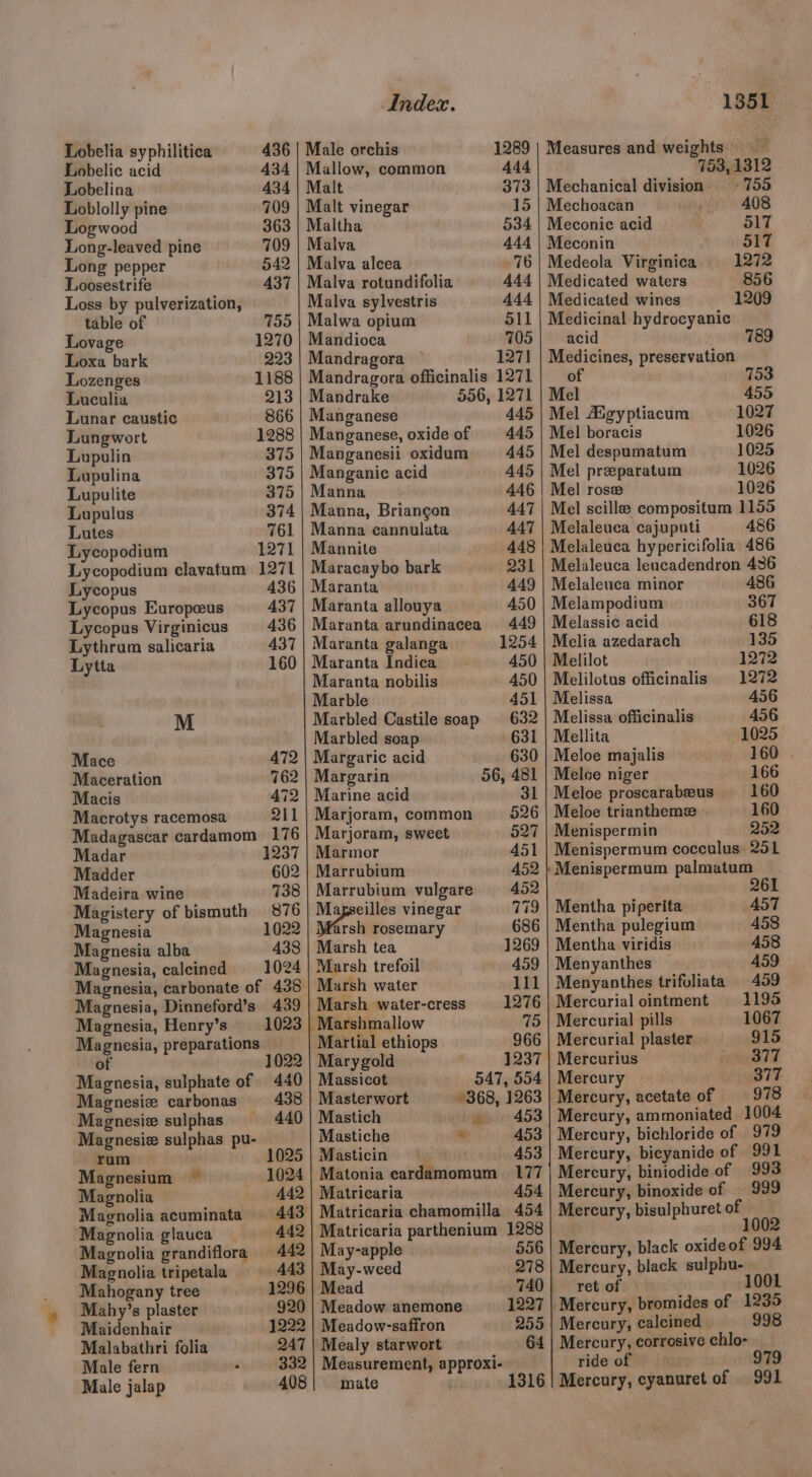 436 434 Lobelia syphilitica Lobelic acid Lobelina 434 Loblolly pine 709 Log wood 363 709 542 437 Long-leaved pine Long pepper Loosestrife Loss by pulverization, table of 755 Lovage 1270 Loxa bark 223 Lozenges 1188 Luculia 213 Lunar caustic 866 Lungwort 1288 Lupulin 375 Lupulina 375 Lupulite 375 Lupulus 374 Lutes 761 Lycopodium 1271 Lycopodium clavatum 1271 Lycopus 436 Lycopus Europceus 437 Lycopus Virginicus 436 Lythrum salicaria 437 Lytta 160 M Mace 472 Maceration 762 Macis 472 Macrotys racemosa 211 Madagascar cardamom 176 Madar 1237 Madder 602 Madeira wine 738 Magistery of bismuth 876 Magnesia 1022 Magnesia alba 438 Magnesia, calcined 1024 Magnesia, Dinneford’s 439 Magnesia, Henry’s 1023 Magnesia, preparations : f ] ) Magnesia, sulphate of 440 Magnesiz carbonas Magnesie sulphas 440 Magnesie sulphas pu- rum 5) Magnesium ~ 1024 Magnolia 442 Magnolia acuminata 443 Magnolia glauca 442 Magnolia grandiflora 442 Magnolia tripetala 443 Mahogany tree 1296 Mahy’s plaster 920 1222 247 332 408 Maidenhair Malabathri folia Male fern . Male jalap Index. 1289 444 Malt 373 Malt vinegar 15 Maltha 534 Malva 444 Malva alcea 76 Malva rotundifolia 444 Malva sylvestris 444 Malwa opium 5ll Mandioca 705 Mandragora 1271 Mandragora officinalis 1271 Mandrake 556, 1271 Manganese 445 Manganese, oxide of 445 Manganesii oxidum 445 Manganic acid 445 Manna 446 447 Manna cannulata 447 Mannite 448 Maracaybo bark 231 Maranta 449 450 449 1254 Maranta arundinacea Maranta galanga Maranta Indica 450 Maranta nobilis 450 Marble 451 Marbled Castile soap 632 Marbled soap 631 Margaric acid 630 Margarin 56, 481 31 Marjoram, common 526 Marjoram, sweet 527 Marmor 451 Marrubium 452 Marrubium vulgare 452 779 Mayseilles vinegar Mérsh rosemary Marsh tea 686 1269 Marsh trefoil 459 Marsh water lll Marsh water-cress 1276 | Marshmallow 75 Martial ethiops 966 Marygold 1237 Massicot 547, 554 Masterwort 368, 1263 Mastich a - 453 Mastiche 4“ 453 Masticin 453 Matonia cardamomum = 177 Matricaria 454 Matricaria chamomilla 454 Matricaria parthenium 1288 5 May-apple 56 May-weed 278 Mead 740 | 1227 259 64 Meadow anemone Meadow-saffron Mealy starwort Measurement, approxi- mate 1351 Measures and weights 753, 1312 Mechanical division. © 755 Mechoacan 408 Meconic acid 517 Meconin 517 Medeola Virginica 1272 Medicated waters 856 Medicated wines 1209 Medicinal hydrocyanic acid 789 Medicines, preservation of 753 Mel 455 Mel Aigyptiacum 1027 Mel boracis 1026 Mel despumatum 1025 Mel preeparatum 1026 Mel rose 1026 Mel scille compositum 1155 Melaleuca cajuputi 486 Melaleuca hypericifolia 486 Melaleuca leucadendron 436 Melaleuca minor 486 Melampodium 367 Melassic acid 618 Melia azedarach 135 Melilot 1272 Melilotus officinalis 1272 Melissa 456 Melissa officinalis 456 Mellita 1025 Meloe majalis 160 Melce niger 166 Meloe proscarabeeus 160 Meloe triantheme 160 Menispermin 252 Menispermum cocculus 251 Menispermum palmatum 261 Mentha piperita 457 Mentha pulegium 458 Mentha viridis 458 Menyanthes © 459 Menyanthes trifoliata 459 Mercurial ointment 1195 Mercurial pills 1067 Mercurial plaster 915 | Mercurius 377 Mercury 377 Mercury, acetate of 978 Mercury, ammoniated 1004 Mercury, bichloride of 979 Mercury, bicyanide of 991 Mercury, biniodide of 993 Mercury, binoxide of | 999 Mercury, bisulphuret of 1002 Mercury, black oxideof 994 Mercury, black sulphu- ret of 1001 Mercury, calcined 998 Mercury, corrosive chlo- ride of 979