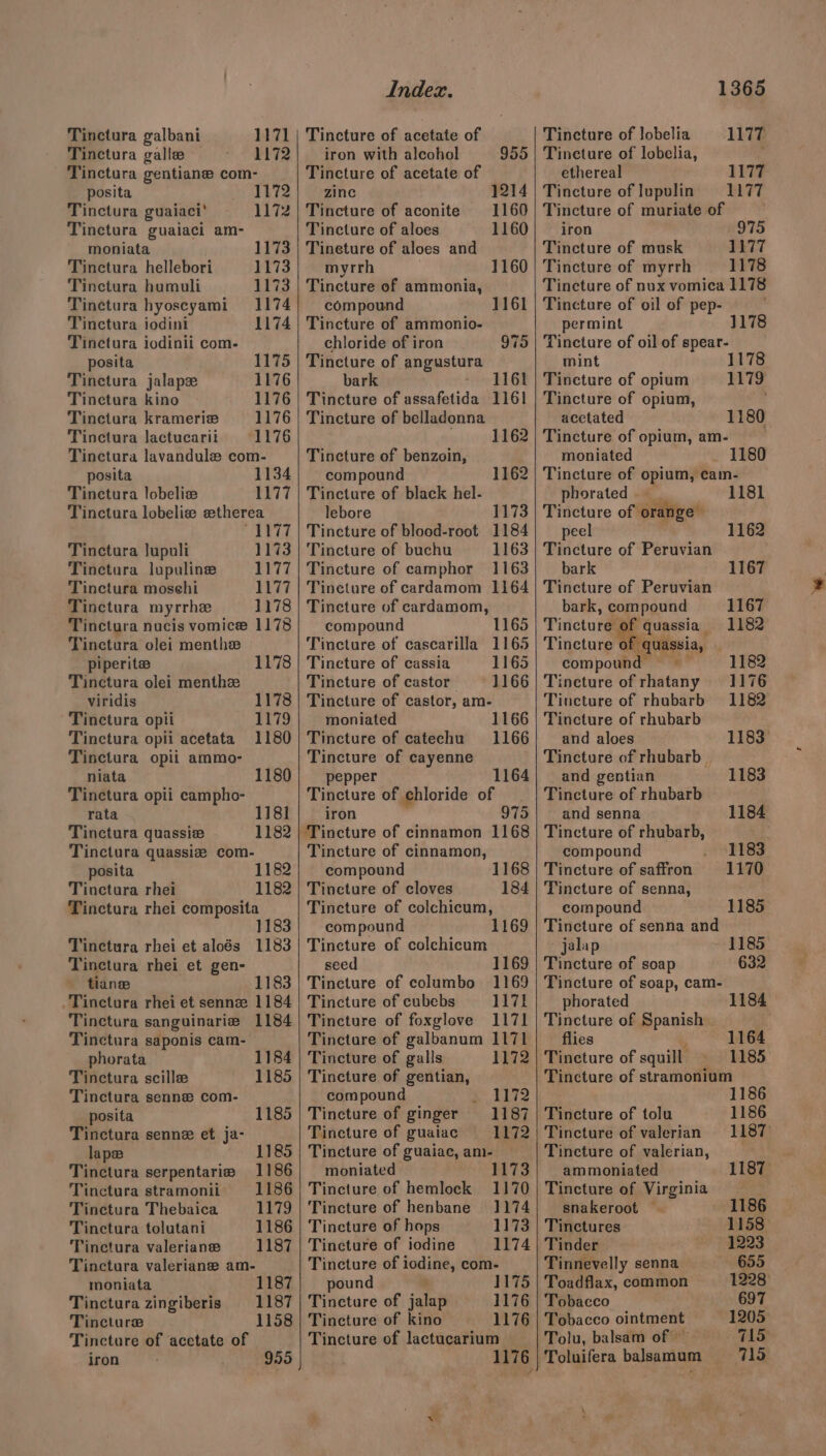 Tinctura galbani 1171 Tinctura galle 1172 Tinctura gentiane com- posita 1172 Tinctura guaiaci’ 1172 Tinctura guaiaci am- moniata Tinctura hellebori 1173 1173 Tinctura humuli 1173 Tinctura hyoscyami 1174 Tinctura iodini 1174 Tinctura iodinii com- posita Tinctura jalape Tinctura kino Tinctara kramerize 1176 Tinctura lactucarit 1176 Tinctura lavandule com- posita 1134 Tinctura lobelize 1177 Tinctura lobelizw stherea “41177 1173 1177 1175 1176 1176 Tinctura Jupuli Tinctura lupuline Tinctura mosehi 1177 Tinctura myrrhe 1178 Tinctura nucis vomice 1178 Tinctura olei menthe piperite 1178 Tinctura olei menthz viridis 1178 Tinctura opti 1179 Tinctura opii acetata 1180 Tinctura opii ammo- niata 1180 Tinctura opii campho- rata 1181 Tinctura quassie 1182 Tinctura quassiz com- posita 1182 Tinctura rhei 1182 Tinctura rhei composita 1183 Tinctura rhei et aloés 1183 Tinctura rhei et gen- tianse 1183 Tinctura rhei et sennz 1184 Tinctura sanguinarie 1184 Tinctura saponis cam- phorata Tinctura scille Tinctura senne com- posita Tinctura senne et ja- lap Tinctura serpentariz Tinctura stramonii Tinctura Thebaica Tinctura tolutani Tinctura valerian Tinctura valeriane am- moniata Tinctura zingiberis Tincture Tincture of acetate of iron 1184 1185 1185 1185 1186 1186 1179 1186 1187 1187 1187 1158 955 Index. Tincture of acetate of iron with alcohol 955 Tincture of acetate of zinc 1214 Tincture of aconite 1160 Tincture of aloes 1160 Tineture of aloes and myrrh 1160 Tincture of ammonia, compound 1161 Tincture of ammonio- chloride of iron 9795 Tincture of angustura bark - 1161 Tincture of assafetida 1161 Tincture of belladonna 1162 Tincture of benzoin, compound 1162 Tincture of black hel- lebore 1173 Tincture of blood-root' 1184 Tincture of buchu 1163 Tincture of camphor 1163 Tincture of cardamom 1164 Tincture of cardamom, compound 1165 Tincture of cascarilla 1165 Tincture of cassia 1165 Tincture of castor 1166 Tincture of castor, am- moniated Tincture of catechu Tincture of cayenne pepper 1164 Tincture of chloride of iron 1166 1166 Tincture of cinnamon, compound Tincture of cloves Tincture of colchicum, 1168 184 compound 1169 Tincture of colchicum seed 1169 Tincture of columbo 1169 Tincture of cubebs 1171 Tincture of foxglove 1171 Tincture of galbanum 1171 Tincture of galls 1172 Tincture of gentian, compound Tincture of ginger Tincture of guaiac Tincture of guaiac, am- moniated 1173 Tincture of hemlock 1170 5. LET2 1187 1172 Tincture of henbane 1174 Tincture of hops 1173 Tincture of iodine 1174 Tincture of iodine, com- pound 1175 Tincture of jalap 1176 Tincture of kino 1176 Tincture of lactucarium = 1365 Tincture of lobelia 1177 Tincture of lobelia, ‘ ethereal 1177 Tincture of lupulin 1177 Tincture of muriate of iron 975 Tincture of musk 1177 Tincture of myrrh 1178 Tincture of nux vomica 1178 Tincture of oil of pep- permint 1178 Tincture of oil of spear- mint 1178 Tincture of opium 1179 Tincture of opium, acetated 1180 Tincture of opium, am- moniated 1180 Tincture of opium, cam- phorated Tincture of orange’ peel 1162 Tincture of Peruvian bark 1167 Tincture of Peruvian bark, compound 1167 Tincture of quassia 1182 Tincture of quassia, compound = 1182 Tincture of rhatany 1176 Tincture of rhubarb 1182 Tincture of rhubarb and aloes 1183 Tincture of rhubarb | and gentian 1183 Tincture of rhubarb and senna 1184 Tincture of rhubarb, compound 1183 Tincture of saffron 1170 Tincture of senna, compound 1185 Tincture of senna and - jalap 1185 Tincture of soap 632 Tincture of soap, cam- phorated 1184 Tincture of Spanish flies ; 1164 Tincture of squill 1185 Tincture of stramonium 1186 Tincture of tolu 1186 Tincture of valerian 1187 Tincture of valerian, ammoniated 1187 Tincture of Virginia snakeroot — 1186 Tinctures 1158 Tinder 1223 Tinnevelly senna 655 Toadflax, common 1228: Tobacco 697 Tobacco ointment 1205 Tolu, balsam of — 715 Toluifera balsamum 715