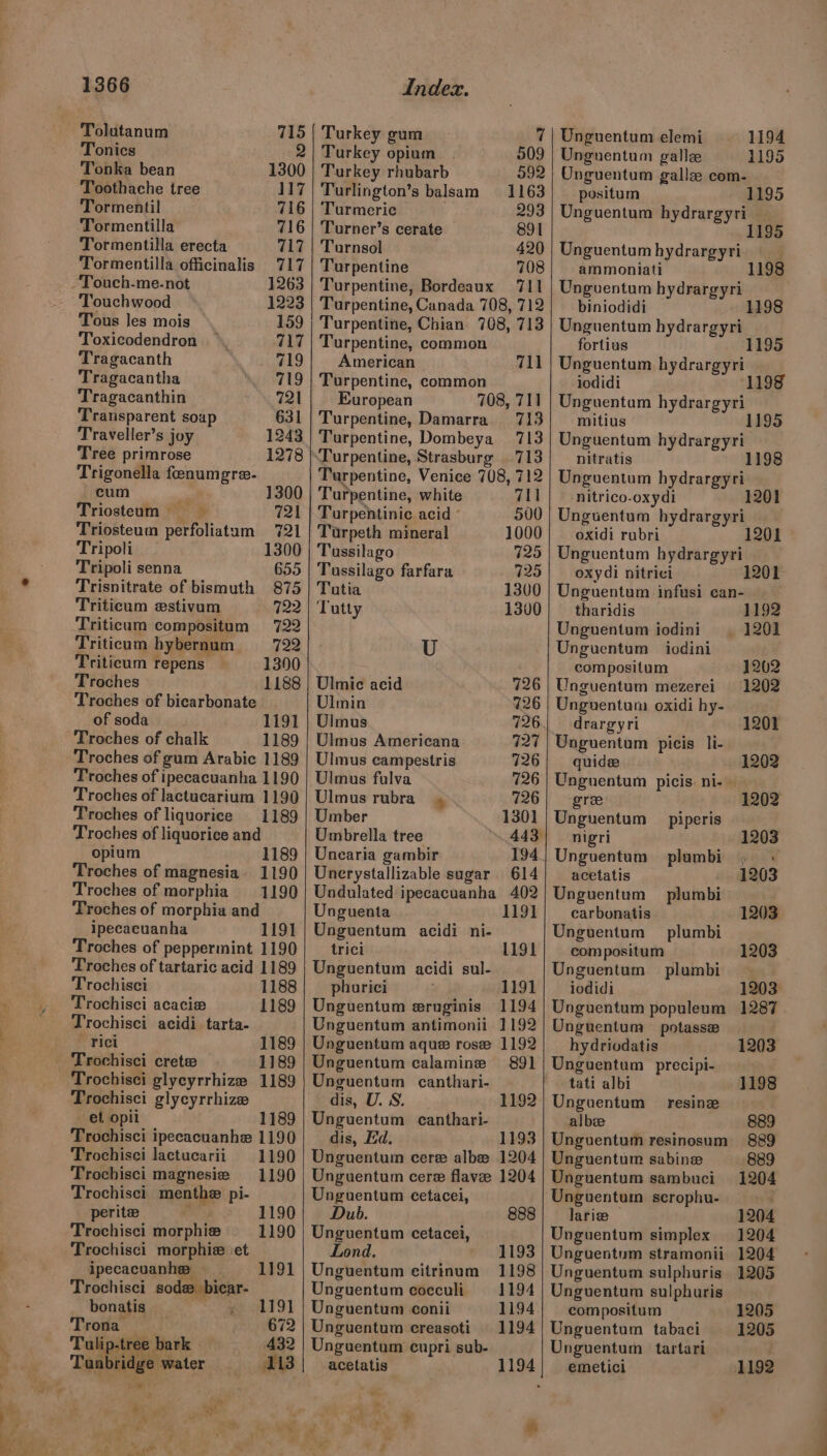 Tolutanum 715 Tonics 2 Tonka bean 1300 Toothache tree 117 Tormentil 716 Tormentilla 716 Tormentilla erecta 717 Tormentilla officinalis 717 ‘Touch-me-not 1263 Touchwood 1223 Tous les mois 159 Toxicodendron 717 Tragacanth 719 Tragacantha 719 Tragacanthin 721 Transparent soap 631 1243 1278 Traveller’s joy Tree primrose Trigonella fenumgre- cum . 1300 Triosteum 721 Triosteum perfoliatum 721 Tripoli 1300 Tripoli senna 655 Trisnitrate of bismuth 875 Triticum estivam 722 Triticum compositum 722 Triticum hybernum 722 Triticum repens 1390 Troches 1188 Troches of bicarbonate of soda 1191 Troches of chalk 1189 Troches of gum Arabic 1189 Troches of ipecacuanha 1190 Troches of lactucarium 1190 Troches of liquorice 1189 Troches of liquorice and opium Troches of magnesia Troches of morphia 1190 Troches of morphia and ipecacuanha 1191 Troches of peppermint 1190 Troches of tartaric acid 1189 Trochisci 1188 Trochisci acacie 1189 Trochisci acidi tarta-— -Tici 1189 _ Trochisci crete 1189 Trochisci glycyrrhize 1189 Trochisci glycyrrhize et opii 1189 Trochisci ipecacuanhe 1190 Trochisci lactucarii 1190 Trochisci magnesie 1190 Trochisci menthe pi- perite ih Trochisci morphie Trochisci morphie ‘et ipecacuanhe — Trochisci sode bicar- 1189 1190 1190 1190 1191 bonatis y 1191 Trofa”7).i 672 Tulip-tree bark 432 Tunbridge water 113 Turkey gum u Turkey opium . 509 Turkey rhubarb 592 Turlington’s balsam 1163 Turmeric . 293 Turner’s cerate 891 Turnsol 420 Turpentine 708 Turpentine, Bordeaux 711 Turpentine, Canada 708, 712 Turpentine, Chian 708, 713 Turpentine, common American 711 Turpentine, common European 708, 711 Turpentine, Damarra. 713 Turpentine, Dombeya 713 Turpentine, Strasburg | 713 Turpentine, Venice 708, 712 Turpentine, white yee Turpentinic acid ° 500 Turpeth mineral 1000 Tussilago 725 Tussilago farfara 725 Tutia 1300 Tutty 1300 U Ulmic acid 726 Ulmin 726 Ulmus 726 Ulmus Americana 727 Ulmus campestris 726 Ulmus fulva 726 Ulmus rubra 726 Umber 1301 Umbrella tree » 443 Unearia gambir 194 Unerystallizable sugar 614 Undulated ipecacuanha 402 Unguenta 1191 Unguentum acidi ni- trici Unguentum acidi sul- phorici Unguentum eruginis Unguentum antimonii Unguentum aque rose Unguentum calamine Unguentum canthari- dis, U. S. Unguentum canthari- dis, Ed. Unguentum cere albe Unguentum cere flavee Unguentum eetacei, Dub. 888 Unguentum cetacei, Lond. 1193 Unguentum citrinum 1198 Unguentum cocculi 1194 Unguentum conii 1194 Unguentum creasoti 1194 Unguentum cupri sub- 1191 1191 1194 1192 1192 891 1192 1193 1204 1204 1194 1195 Unguentum elemi Unguentum galle Unguentum gallze com- positum 1195 Unguentum hydrargyri 1195 Unguentum hydrargyri ammoniati 119 Unguentum hydrargyri biniodidi 1198 Unguentum hydrargyri fortius 1195 Unguentum hydrargyri iodidi ice 1198 Unguentum hydrargyri mitius 1195 Unguentum hydrargyri nitratis Unguentum hydrargyri nitrico-oxydi Unguentum hydrargyri oxidi rubri Unguentum hydrargyri oxydi nitrici 120 Unguentum infusi can- 1201 tharidis 1192 Unguentum iodini | 1201 Unguentum iodini compositum 1202 Unguentum mezerei 1202 Unguentum oxidi hy- drargyri 1201 Unguentum picis li- quide 1202 Unguentum picis. ni- gree 1202 Unguentum _piperis ‘hae ye 1203 Unguentum plumbi ; | acetatis 1203 Unguentum plumbi carbonatis 1203 Unguentum — plumbi compositum 1203 Unguentum — plumbi iodidi 1203 Unguentum populeum 1287 Unguentum potasse hydriodatis 1203 Unguentum precipi- tati albi 1198 Unguentum _resinz albee 889 Unguentum resinosum 889 Unguentum sabine 889 Unguentum sambuci 1204 Unguentum scrophu- ‘ larice 1204 Unguentum simplex 1204 Unguentum stramonii 1204 Unguentum sulphuris 1205 Unguentum sulphuris compositum 1205 Unguentum tabaci 1205 Unguentum tartari emetici 1192