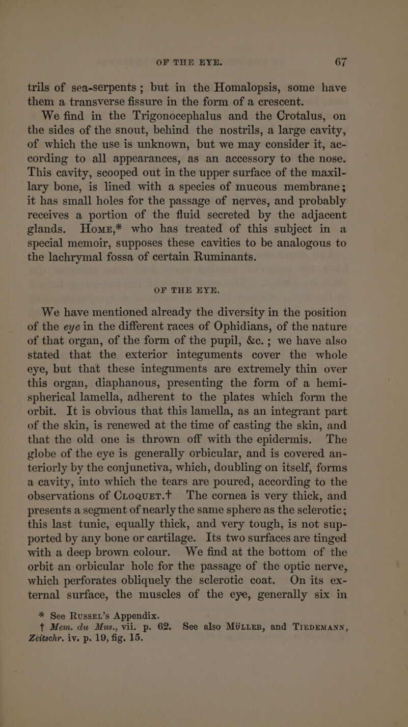 trils of sea-serpents ; but in the Homalopsis, some have them a transverse fissure in the form of a crescent. We find in the Trigonocephalus and the Crotalus, on the sides of the snout, behind the nostrils, a large cavity, of which the use is unknown, but we may consider it, ac- cording to all appearances, as an accessory to the nose. This cavity, scooped out in the upper surface of the maxil- lary bone, is lined with a species of mucous membrane; it has small holes for the passage of nerves, and probably receives a portion of the fluid secreted by the adjacent glands. Homer,* who has treated of this subject in a special memoir, supposes these cavities to be analogous to the lachrymal fossa of certain Ruminants. OF THE EYE. We have mentioned already the diversity in the position of the eye in the different races of Ophidians, of the nature of that organ, of the form of the pupil, &amp;c.; we have also stated that the exterior integuments cover the whole eye, but that these integuments are extremely thin over this organ, diaphanous, presenting the form of a hemi- spherical lamella, adherent to the plates which form the orbit. It is obvious that this lamella, as an integrant part of the skin, is renewed at the time of casting the skin, and that the old one is thrown off with the epidermis. The globe of the eye is generally orbicular, and is covered an- teriorly by the conjunctiva, which, doubling on itself, forms a cavity, into which the tears are poured, according to the observations of CLoquet.t The cornea is very thick, and presents a segment of nearly the same sphere as the sclerotic; this last tunic, equally thick, and very tough, is not sup- ported by any bone or cartilage. Its two surfaces are tinged with a deep brown colour. We find at the bottom of the orbit an orbicular hole for the passage of the optic nerve, which perforates obliquely the sclerotic coat. On its ex- ternal surface, the muscles of the eye, generally six in * See RusseL’s Appendix. t Mem. du Mus., vii. p. 62. See also MULLER, and TIEDEMANN, Zeitschr, iv. p. 19, fig. 15.