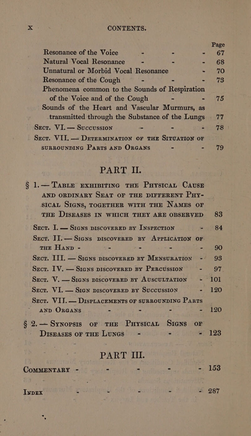 Page Resonance of the Voice - . - 67 Natural Vocal Resonance - - - 68 Unnatural or Morbid Vocal Resonance - 70 Resonance of the Cough - - - 7 Phenomena common to the Sounds of Respiration of the Voice and of the Cough - - (75 Sounds of the Heart and Vascular Murmurs, as transmitted through the Substance.of the Lungs | 77 Sect. VI. — Succussion - - =) 78 Sect. VII. — DerERMINATION OF THE SITUATION OF SURROUNDING Parts AND ORGANS - alto § 1.—TasLe ExHIBITING THE Puystcan CaAusE AND ORDINARY SEAT OF THE DIFFERENT Puy- SIcAL SIGNS, TOGETHER WITH THE NAMES OF THE DiIsEASES IN WHICH THEY ARE OBSERVED 83 Secr. I. — Signs DISCOVERED BY INSPECTION 2°64 Sect. II. — Sians pIscovERED By APPLICATION OF THE Hanp - - - - '- 90 Secr. III. — Sians piscoverep By MENsuRATION -° 93 Sect. IV. — Sians pIscovERED By PERcUssION - 97 Sect. V. — SiaNns DISCOVERED By AUSCULTATION - 101 Sect. VI. — Sign pIscovERED BY SUCCUSSION - 120 Secr. VIT. — DispLacEMENTS OF SURROUNDING Parts AND ORGANS - - - - 120 § 2.—Synorsis or THE Puysican Siens oF DIsBASES OF THE LUNGS - = - 123 PART IIL. CoMMENTARY - - - rt - 158 Inprex - - - = * 287