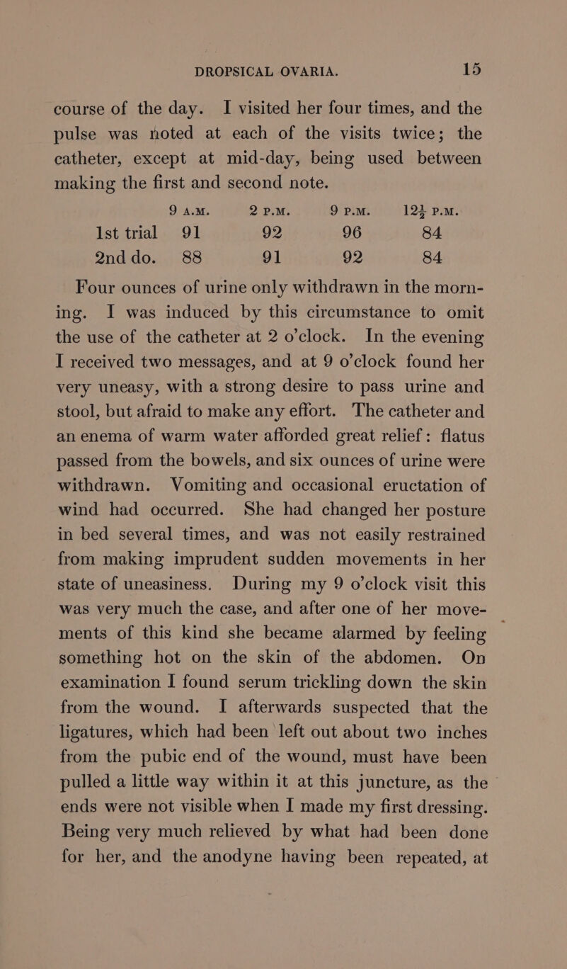 course of the day. I visited her four times, and the pulse was noted at each of the visits twice; the catheter, except at mid-day, being used between making the first and second note. 9 A.M. 2 P.M. 9 P.M. 122 P.M. Ist trial 91 92 96 84 2nddo. 88 9] 92 84 Four ounces of urine only withdrawn in the morn- ing. J was induced by this circumstance to omit the use of the catheter at 2 o’clock. In the evening I received two messages, and at 9 o’clock found her very uneasy, with a strong desire to pass urine and stool, but afraid to make any effort. The catheter and an enema of warm water afforded great relief: flatus passed from the bowels, and six ounces of urine were withdrawn. Vomiting and occasional eructation of wind had occurred. She had changed her posture in bed several times, and was not easily restrained from making imprudent sudden movements in her state of uneasiness. During my 9 o'clock visit this was very much the case, and after one of her move- ments of this kind she became alarmed by feeling something hot on the skin of the abdomen. On examination I found serum trickling down the skin from the wound. I afterwards suspected that the ligatures, which had been left out about two inches from the pubic end of the wound, must have been pulled a little way within it at this juncture, as the ends were not visible when I made my first dressing. Being very much relieved by what had been done for her, and the anodyne having been repeated, at