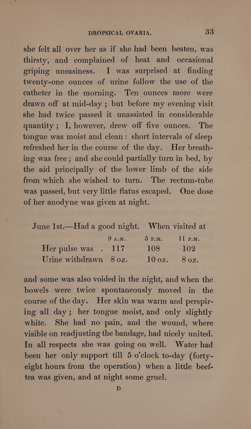 she felt all over her as if she had been beaten, was thirsty, and complained of heat and occasional griping uneasiness. I was surprised at finding twenty-one ounces of urine follow the use of the catheter in the morning. ‘Ten ounces more were drawn off at mid-day ; but before my evening visit she had twice passed it unassisted in considerable quantity ; I, however, drew off five ounces. The tongue was moist and clean: short intervals of sleep refreshed her in the course of the day. Her breath- ing was free; and she could partially turn in bed, by the aid principally of the lower limb of the side from which she wished to turn. The rectum-tube | was passed, but very little flatus escaped. One dose of her anodyne was given at night. June Ist.—Had a good night. When visited at 9 A.M. Oo P.M. ll P.M. Her pulse was. 117 108 102 Urine withdrawn 8 oz. 100z. 8oz. and some was also voided in the night, and when the bowels were twice spontaneously moved in the course of the day. Her skin was warm and perspir- ing all day; her tongue moist, and only slightly white. She had no pain, and the wound, where visible on readjusting the bandage, had nicely united. In all respects she was going on well. Water had been her only support till 5 o’clock to-day (forty- eight hours from the operation) when a little beef- tea was given, and at night some gruel. D