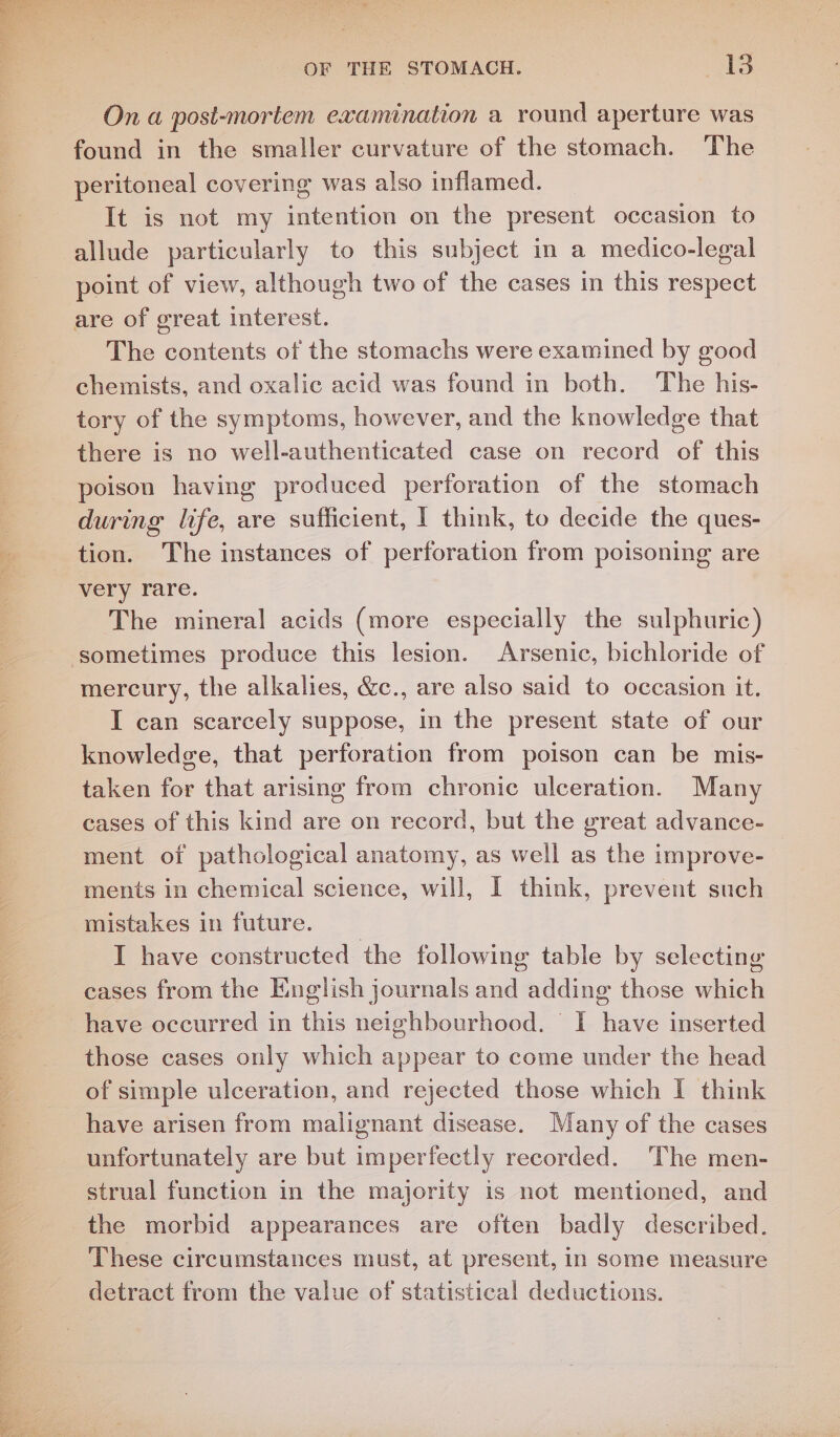 On a post-mortem examination a round aperture was found in the smaller curvature of the stomach. The peritoneal covering was also inflamed. It is not my intention on the present occasion to allude particularly to this subject in a medico-legal point of view, although two of the cases in this respect are of great interest. The contents of the stomachs were examined by good chemists, and oxalic acid was found in both. The his- tory of the symptoms, however, and the knowledge that there is no well-authenticated case on record of this poison having produced perforation of the stomach during life, are sufficient, I think, to decide the ques- tion. The instances of perforation from poisoning are _-very rare. The mineral acids (more especially the sulphuric) sometimes produce this lesion. Arsenic, bichloride of mercury, the alkalies, &c., are also said to occasion it. I can scarcely suppose, in the present state of our knowledge, that perforation from poison can be mis- taken for that arising from chronic ulceration. Many cases of this kind are on record, but the great advance- ment of pathological anatomy, as well as the improve- ments in chemical science, will, I think, prevent such mistakes in future. I have constructed the following table by selecting cases from the English journals and adding those which have occurred in this neighbourhood. I have inserted those cases only which appear to come under the head of simple ulceration, and rejected those which I think have arisen from malignant disease. Many of the cases unfortunately are but imperfectly recorded. The men- strual function in the majority is not mentioned, and the morbid appearances are often badly described. These circumstances must, at present, in some measure detract from the value of statistical deductions.