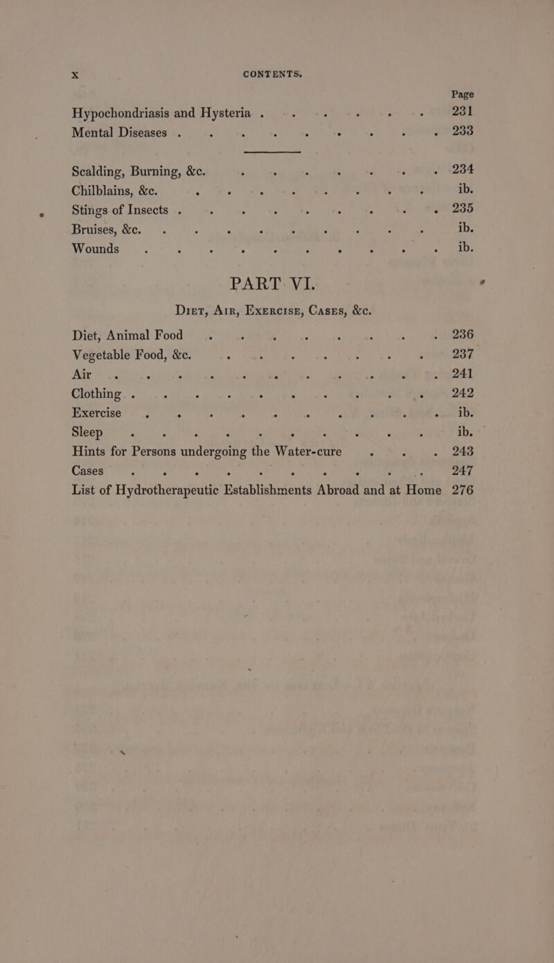 Hypochondriasis and Hysteria . Mental Diseases . : Scalding, Burning, &amp;c. Chilblains, &amp;c. Stings of Insects . Bruises, &amp;c. 5 ; ; ‘ - Wounds... é ; : ; : . PART VI. Diet, Animal Food Vegetable Food, &amp;c. Aer y. ° : : : . Clothing . Exercise ° Sleep : : : ; Hints for Persons undergoing the Water-cure Cases Page 231 233 234 ib. 235 ib. ib. 243 247