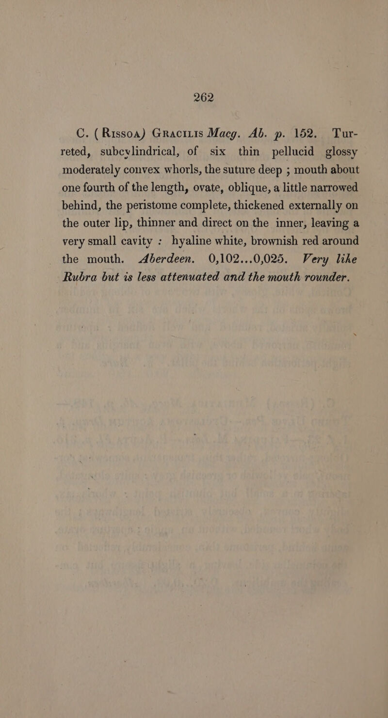 C. (Rissoa) Gracitis Macg. Ab. p. 152. Tur- reted, subecvlindrical, of six thin pellucid glossy moderately convex whorls, the suture deep mouth about one fourth of the length, ovate, oblique, a little narrowed behind, the peristome complete, thickened externally on the outer lip, thinner and direct on the inner, leaving a very small cavity : hyaline white, brownish red around the mouth. Aberdeen. 0,102...0,025. Very like Rubra but is less attenuated and the mouth rounder.