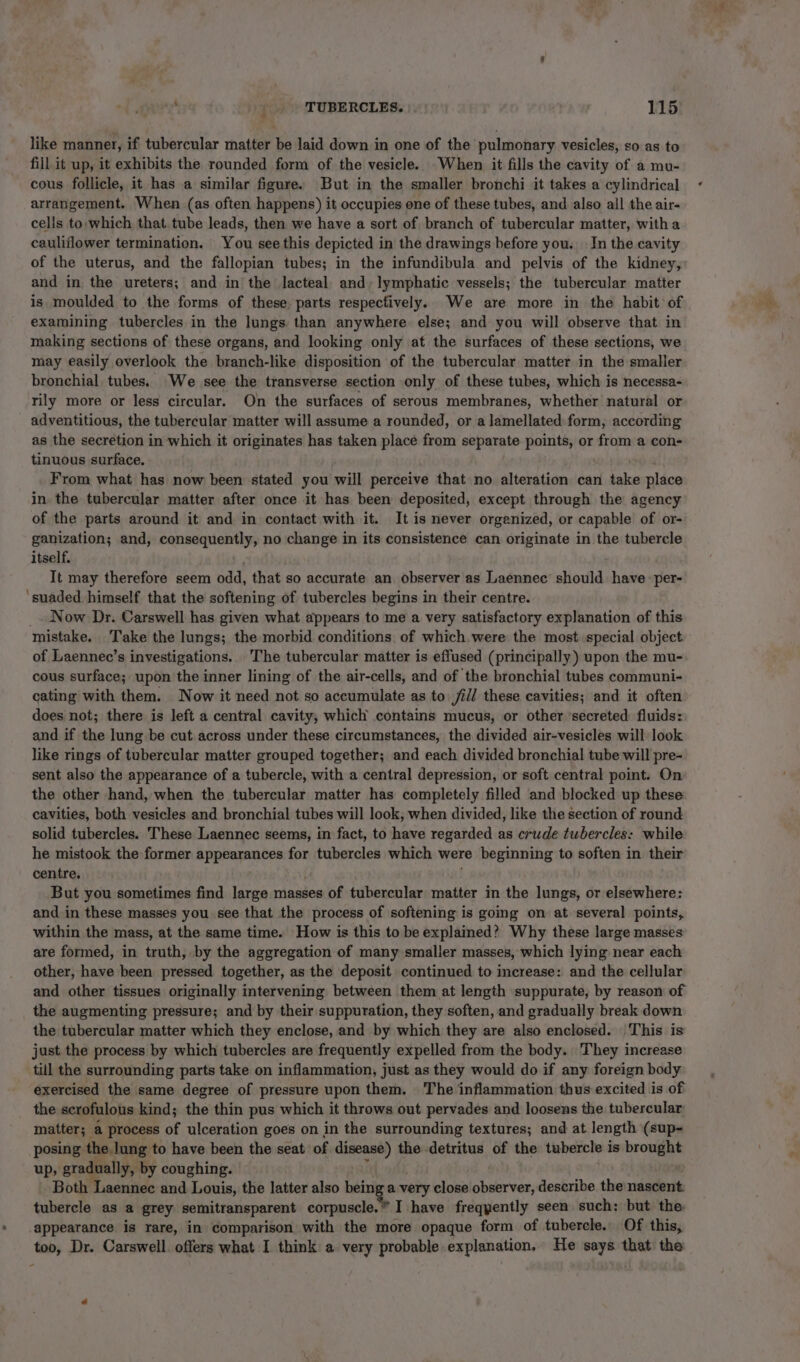 like manner, if tubercular matter be laid down in one of the pulmonary vesicles, so as to fill it up, it exhibits the rounded form of the vesicle. When it fills the cavity of a mu- cous follicle, it has a similar figure. But in the smaller bronchi it takes a cylindrical arrangement. When (as often happens) it occupies one of these tubes, and also all the air- cells to:-which that tube leads, then we have a sort of branch of tubercular matter, witha cauliflower termination. You see this depicted in the drawings before you. In the cavity of the uterus, and the fallopian tubes; in the infundibula and pelvis of the kidney, and in the ureters; and in the lacteal and» lymphatic vessels; the tubercular matter is moulded to the forms of these. parts respectively. We are more in the habit of examining tubercles in the lungs than anywhere else; and you will observe that in making sections of these organs, and looking only at the surfaces of these sections, we may easily overlook the branch-like disposition of the tubercular matter in the smaller bronchial tubes. We see the transverse section only of these tubes, which is necessa- rily more or less circular. On the surfaces of serous membranes, whether natural or adventitious, the tubercular matter will assume a rounded, or a lamellated form, according as the secretion in which it originates has taken place from separate points, or from a con- tinuous surface. From what has now been stated you will perceive that no alteration can take place in the tubercular matter after once it has been deposited, except through the agency of the parts around it and in contact with it. It is never orgenized, or capable of or- ganization; and, consequently, no change in its consistence can originate in the tubercle itself. It may therefore seem odd, that so accurate an observer as Laennec should have :per- Now Dr. Carswell has given what appears to me a very satisfactory explanation of this mistake. Take the lungs; the morbid conditions. of which were the most. special object of Laennec’s investigations. The tubercular matter is effused (principally) upon the mu- cous surface; upon the inner lining of the air-cells, and of the bronchial tubes communi- cating with them. Now it need not so accumulate as to fill these cavities; and it often does not; there is left a central cavity, which contains mucus, or other secreted fluids: and if the lung be cut across under these circumstances, the divided air-vesicles will look like rings of tubercular matter grouped together; and each divided bronchial tube will pre- sent also the appearance of a tubercle, with a central depression, or soft central point. On the other hand, when the tubercular matter has completely filled and blocked up these cavities, both vesicles and bronchial tubes will look, when divided, like the section of round solid tubercles. These Laennec seems, in fact, to have regarded as crude tubercles: while he mistook the former appearances for tubercles which were beginning to soften in their centre, But you sometimes find large masses of tubercular matter in the lungs, or elsewhere: and in these masses you see that the process of softening is gomg on at several points, within the mass, at the same time. How is this to be explained? Why these large masses are formed, in truth, by the aggregation of many smaller masses, which lying near each other, have been pressed together, as the deposit continued to increase: and the cellular and other tissues originally intervening between them at length suppurate, by reason of the augmenting pressure; and by their suppuration, they soften, and gradually break down the tubercular matter which they enclose, and by which they are also enclosed. This is just the process by which tubercles are frequently expelled from the body. They increase till the surrounding parts take on inflammation, just as they would do if any foreign body exercised the same degree of pressure upon them. The inflammation thus excited is of matter; a process of ulceration goes on in the surrounding textures; and at length (sup- posing the. Jung to have been the seat of raat v the detritus of the tubercle is brows up, gradually, by coughing. Both Laennec and Louis, the latter also hin a very close observer, describe the nascent tubercle as a grey semitransparent corpuscle.” I have freqyently seen such: but the.