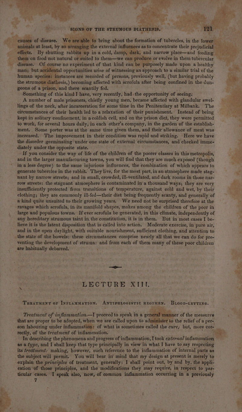 pee eee, ae bin ta Es Re Wie dE) aide 4 Po SIGNS OF THE STRUMOUS DIATHESIS. Fes a i causes of disease. We are able ‘to bring about the formation of tubercles, in the lower animals at least, by so arranging the external influences as to concentrate their prejudicial _ ti Aya effects. By shutting rabbits up in acold, damp, dark, and narrow place—and feeding Bi ue them on food not natural or suited to them—we can produce : or evolve in themtubercular disease. Of course no experiment of that kind can be purposely made upon a healthy man; but accidental opportunities arise of witnessing an approach to a similar trial of the ‘ human species: instances are recorded of persons, previously well, (but having probably i ‘ih the strumous diathesis,) becoming affected with scrofula after being confined in the dun- x geons of a prison, and there scantily fed. _ Something of this kind I have, very recently, had-the opportunity of seeing: - A number of male prisoners, chiefly young men, became affected with glandular swel- lings of the neck, after incarceration for some time in the Penitentiary at Milbank. The i circumstances of their health led to a relaxation of their punishment. Instead of being = kept in solitary confinement, in acoldish cell, and on the prison diet, they were permitted to work, for several hours daily, in each other’s company, in the garden of the establish- ment. Some porter was at the same time given them, and their allowance of meat was increased. The improvement in their condition was rapid and striking. Here we have the disorder germinating under one state of external circumstances, and checked imme- diately under the opposite state. If you consider the way of life of the children of the poorer classes in this metropolis, and in the larger manufacturing towns, you will find that they are much exposed (though ina less degree) to the same injurious influences, the combination of which appears to generate tubercles in the rabbit. They live, for the most part, in an atmosphere made stag- nant by narrow streets; and in small, crowded, ill-ventilated, and dark rooms in those nar- row streets: the stagnant atmosphere is contaminated in’a thousand ways; they are very insufficiently protected from transitions of temperature, against cold and wet, by their clothing; they are commonly ill-fed—their diet being frequently scanty, and generally of a kind quite unsuited to their growing years. We need not be surprised therefore at the ravages which scrofula, in its manifold shapes, makes among the children of the poor in large and populous towns. If ever scrofula be generated, in this climate, independently of any hereditary strumous taint in, the constitution, itis in them. But in most cases I be- lieve it is the latent disposition that is called into action. Moderate exercise, in pure air, and in the open daylight, with suitable nourishment, sufficient clothing, and attention to the state of the bowels: these circumstances comprise nearly all that we can do for pre- venting the development of struma: and from each of them many of these poor children are habitually debarred. ; LECTURE XIII. Treatment OF Anxrrammatron. ANTIPHLOGISTIC REGIMEN. Broon-1errine. i Treatment of inflammation.—I proceed to speak in a gener: manner of the measures that are proper to be adopted, when we are called upon to administer to the relief of a per- son labouring under inflammation: of what is sometimes called the eure; but, more Cor- rectly, of the treatment of inflammation. ag In describing the phenomena and progress of inflammation, Ttook external inflammation — as a type, and I shall keep that type principally in view in what I have to say respecting its treatment: making, however, such reference to the inflammation of internal parts as the subject will permit. You will bear in’ mind that my design at present is merely to explain the principles of treatment, generally: I shall point out, by and by, the appli- cation ‘of those principles, and the modifications they may require, in respect to par- ticular cases. I speak also, now, of common inflammation occurriag in a previously