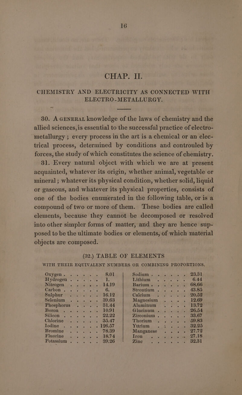 CHAP. II. CHEMISTRY AND ELECTRICITY AS CONNECTED WITH ELECTRO-METALLURGY. 30. A GENERAL knowledge of the laws of chemistry and the allied sciences, is essential to the successful practice of electro- metallurgy ; every process in the art is a chemical or an elec- trical process, determined by conditions and controuled by forces, the study of which constitutes the science of chemistry. 31. Every natural object with which we are at present acquainted, whatever its origin, whether animal, vegetable or mineral ; whatever its physical condition, whether solid, liquid or gaseous, and whatever its physical properties, consists of one of the bodies enumerated in the following table, or is a compound of two or more of them. ‘These bodies are called elements, because they cannot be decomposed or resolved into other simpler forms of matter, and they are hence sup- posed to be the ultimate bodies or elements, of which material objects are composed. (32.) TABLE OF ELEMENTS WITH THEIR EQUIVALENT NUMBERS OR COMBINING PROPORTIONS. OSV RON, fete) one ie Fs OL Sodium so) aid oie ol eek SL yarORON os ets Be. ds LACORUE os? eps ee Re Nitrogen ./.. wis) ee). 4 14.19 Bariumiv ns hyisi ey ky CRO ROBT. 5 Ge Kiet oe fie erate Os SLOMAN 25 0s vaiale «&gt;. eee Shiphar tye y 4-2 GA? Caleiumy (i) OF ONT i: FIRE SSLONID 325 ieee eke goose Magnesium ... . 12.69 Phosphorus .. . . 31.44 Aluminunr «| &lt;7 5°. 7. Shee Bertin Mie ei 20s is ie IR OT Glocinumj.).2 jax wpa MLCOT Wg tiie tue a fel’ |i Zirconium... ss Oe Chlorine (5.7 ow ee (wey Thorium 42) 5 (yes eee Fodine ooo vs ies ihe ie th Ova, Wttrigm oe. el ee sane BTOMNNG So ee ee Manganese . . « + 27.72 Fluorine cadies aw ee Iron 2% ji! asib ie eee el S Potassium ce ey ie: oar ie pe Zinc Te a eee ae ate e